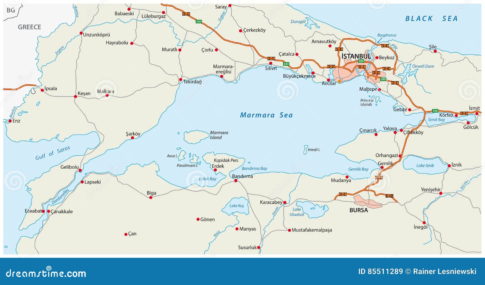 road map marmara sea with istanbul