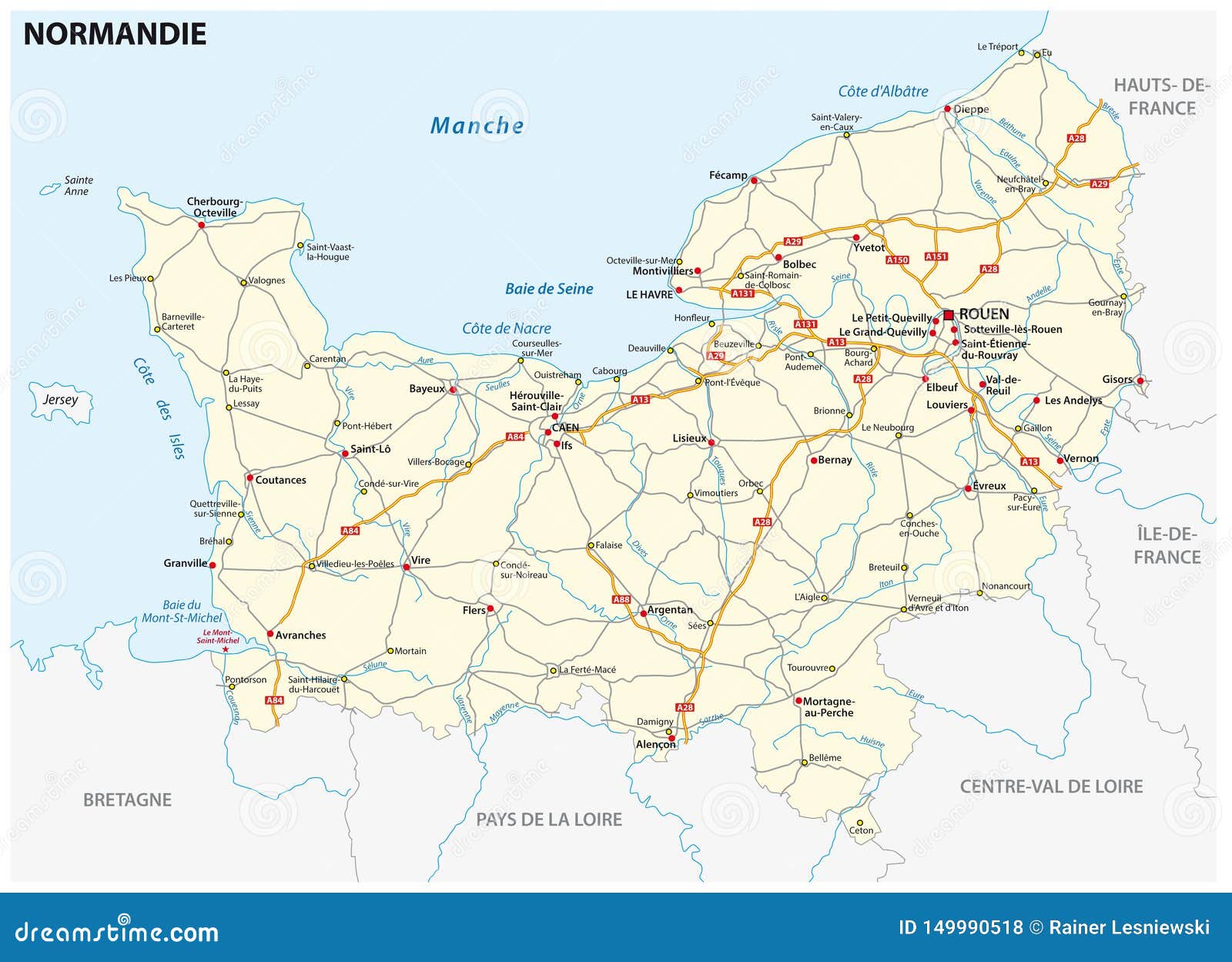 Road Map of the New French Region of Normandy in French Language Stock ...