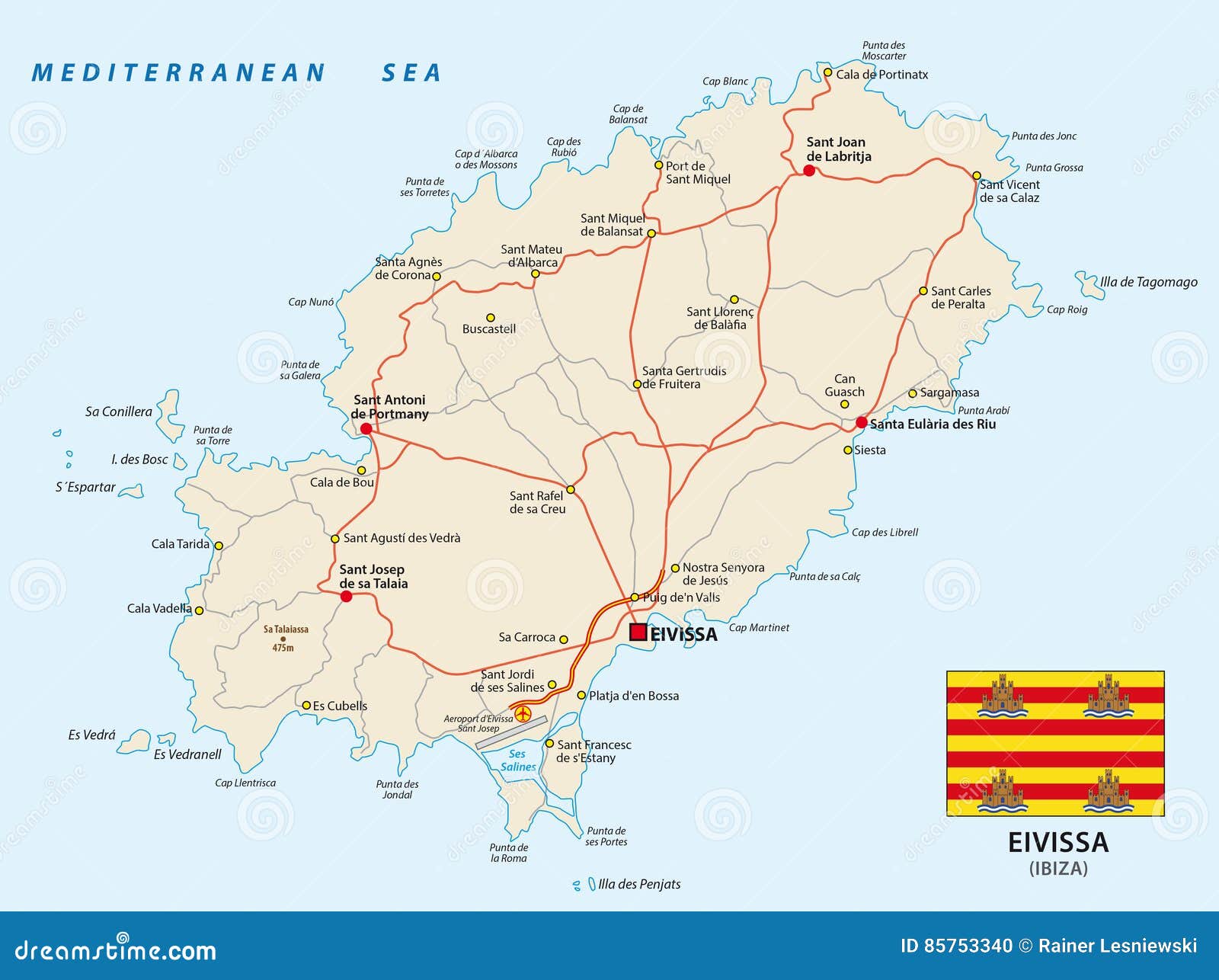 Road Map of the Spanish Mediterranean Sea Eivissa with Flag Stock ...