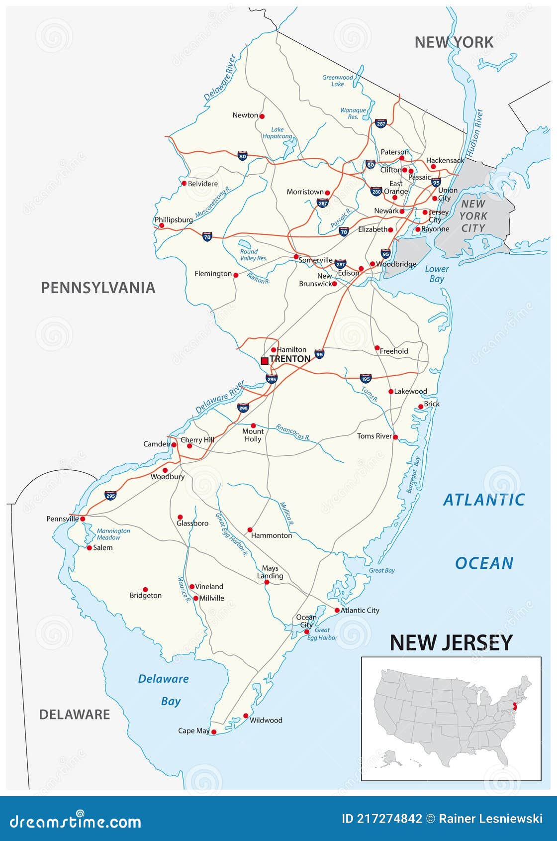 Road Map of the US American State of New Jersey Stock Vector ...