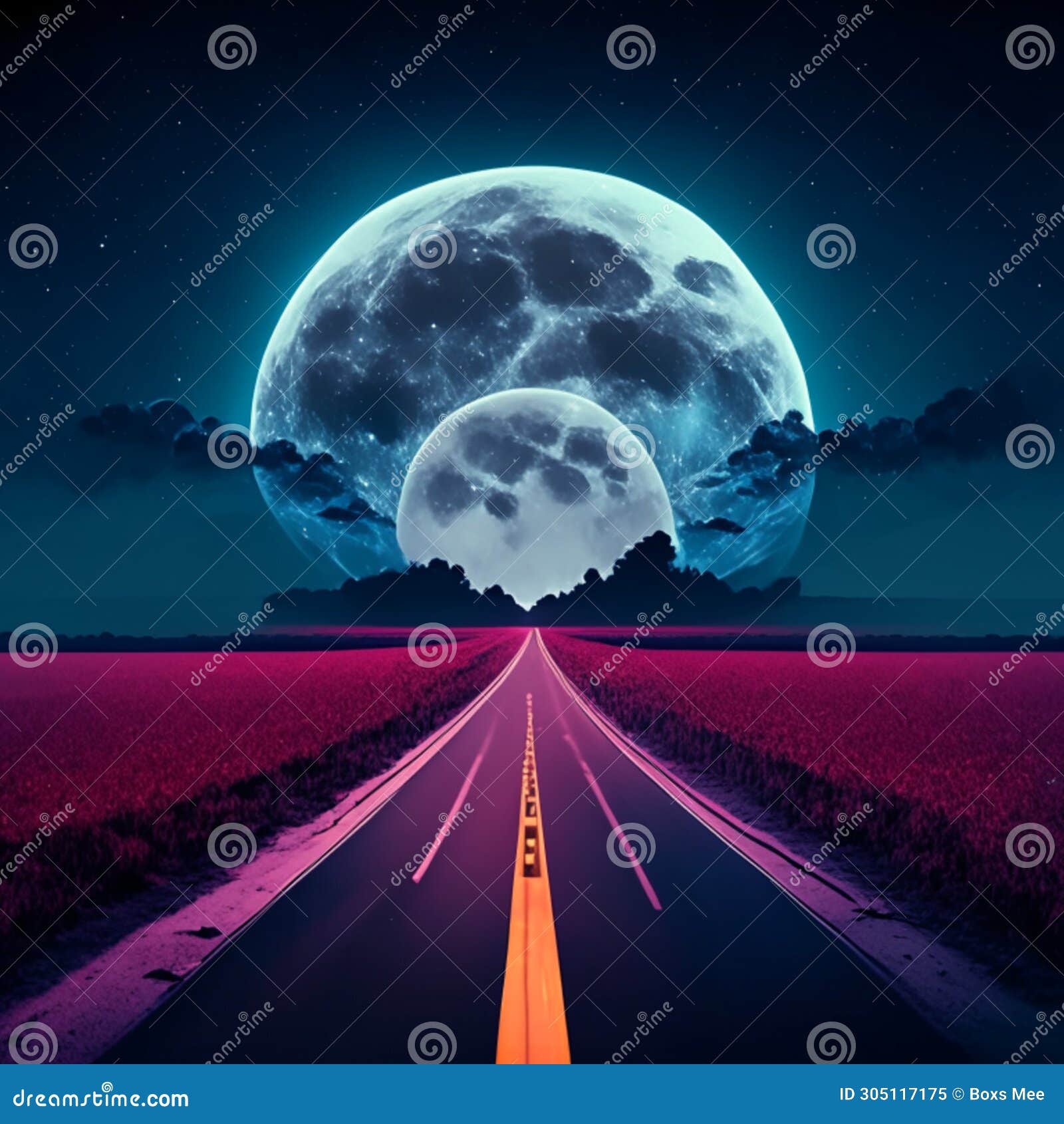 Road in the Middle of the Night with Full Moon. Vector Illustration AI