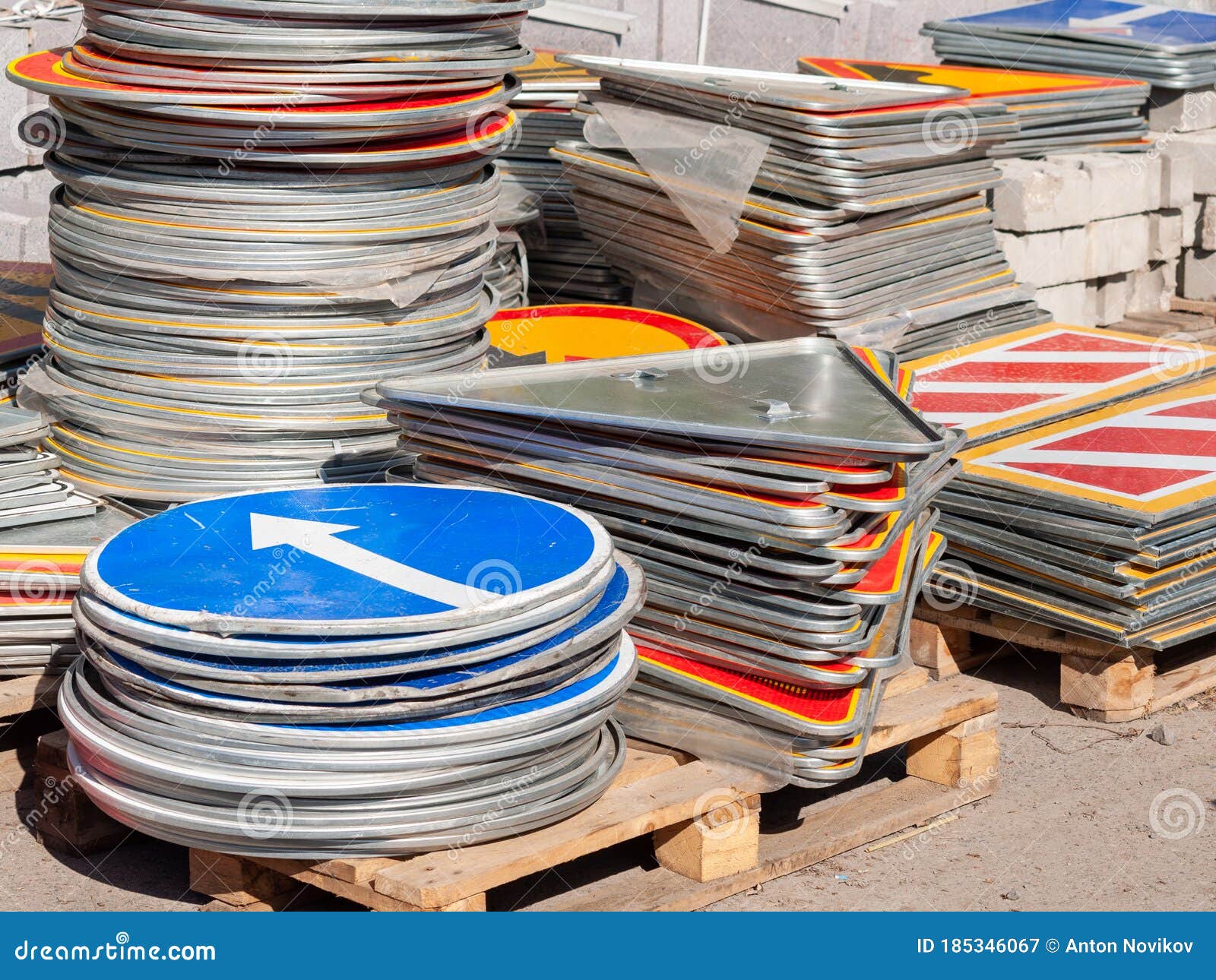 Road Signs and Materials are Stacked before Starting Road Repairs Stock