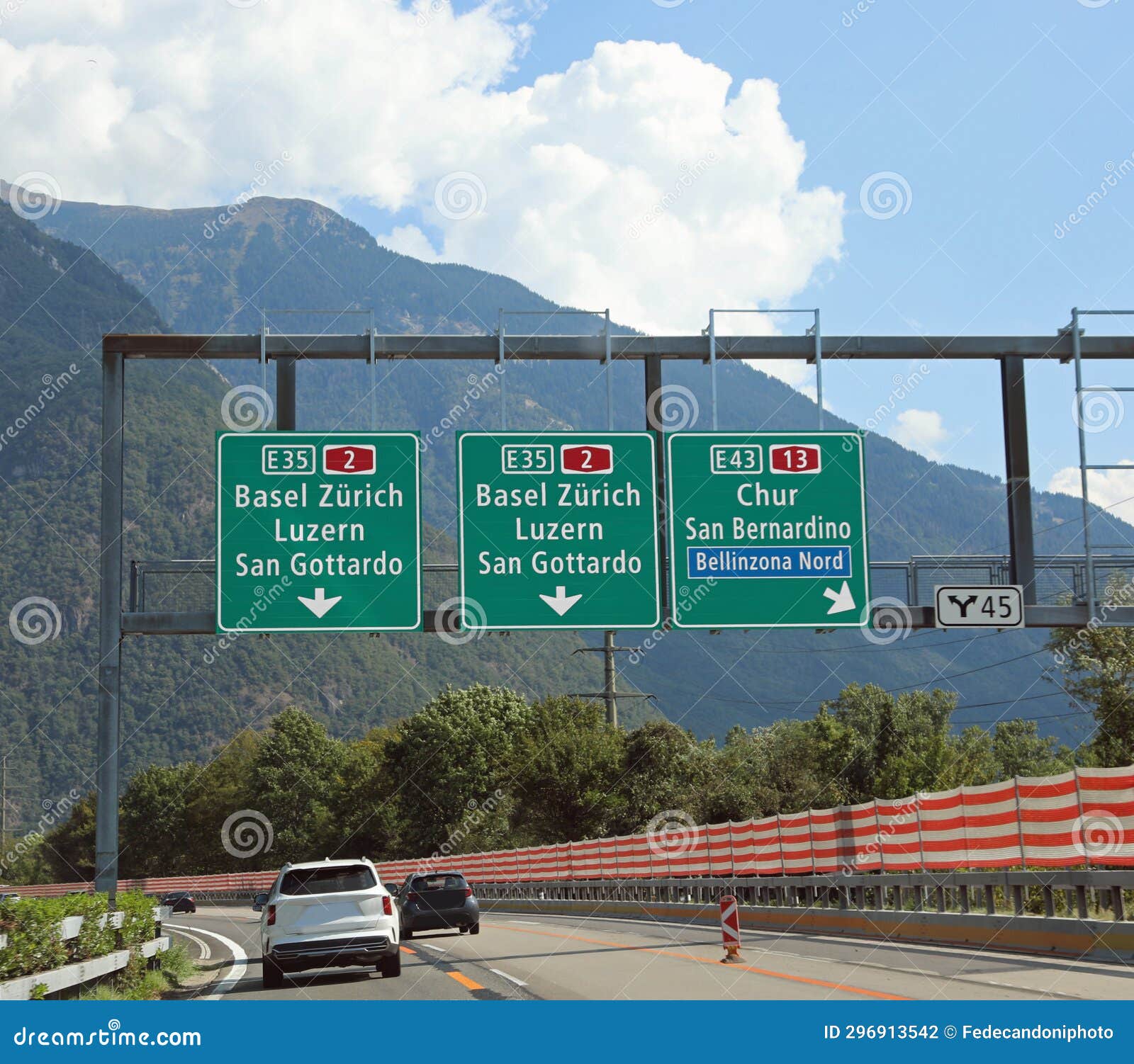 road signs on the motorway with directions to many locations in switzerland