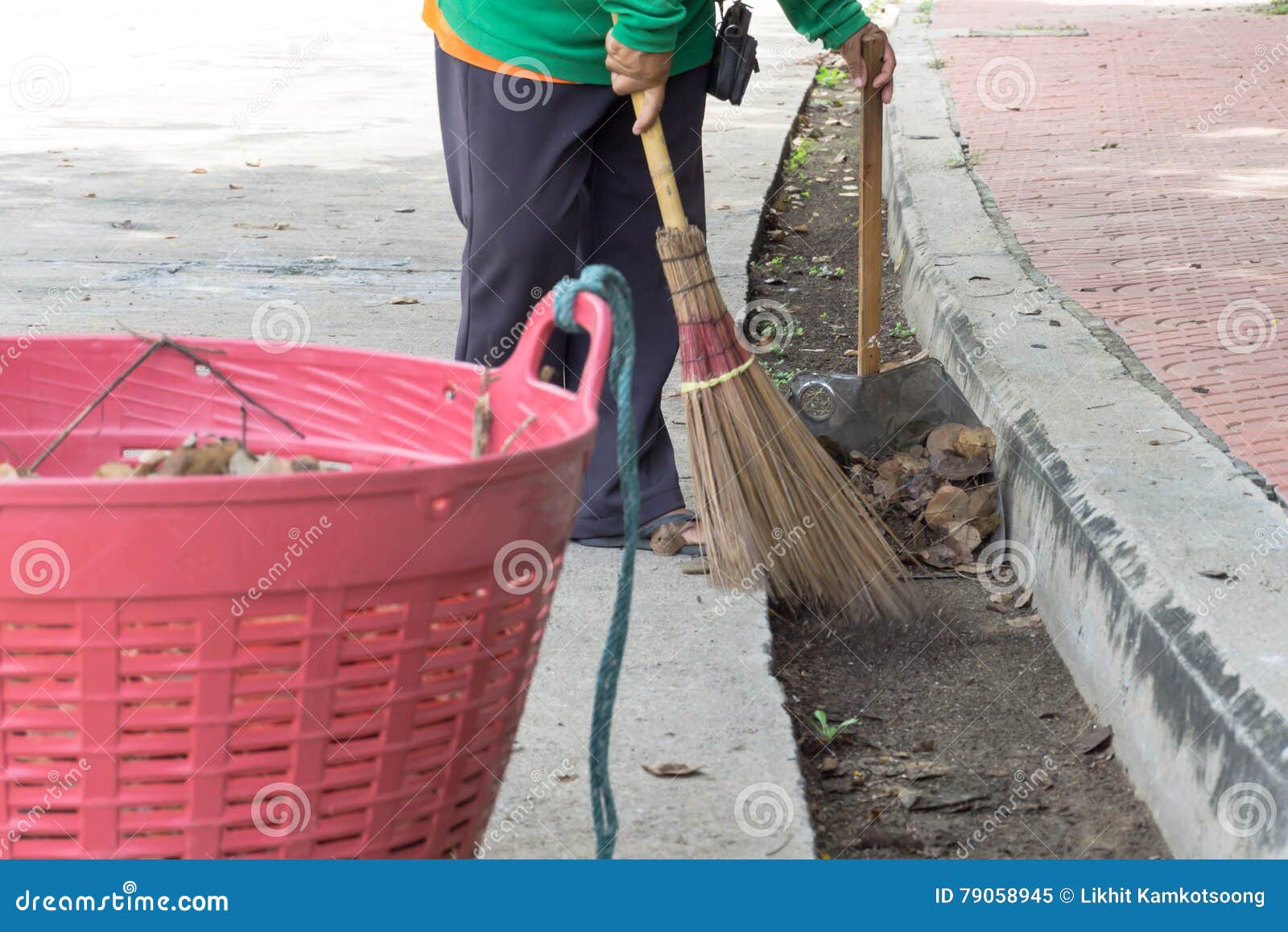 Road Sweeper Worker Cleaning City Street with Broom Tool Stock Image