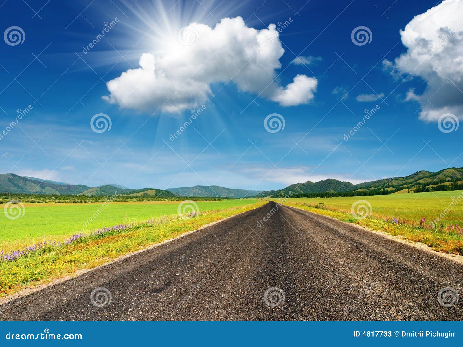 Road to nowhere. Landscape with road and blue sky