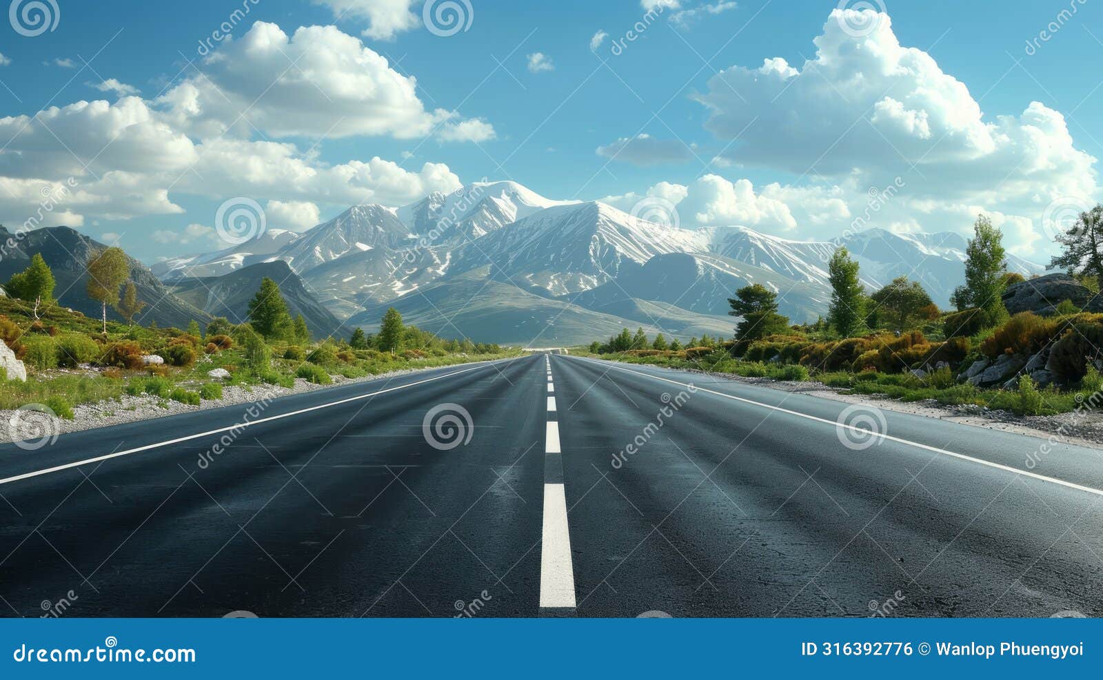 road to the summita long and winding road leads to a majestic snow-capped mountain peak. the sky is clear and blue, and the sun