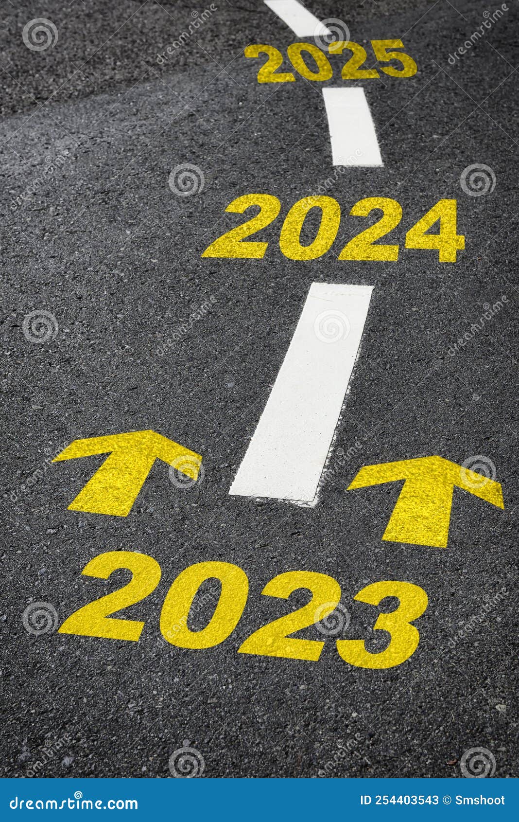 Road To Year 2023, 2024, 2025 with Yellow Arrow Marking on Road Stock