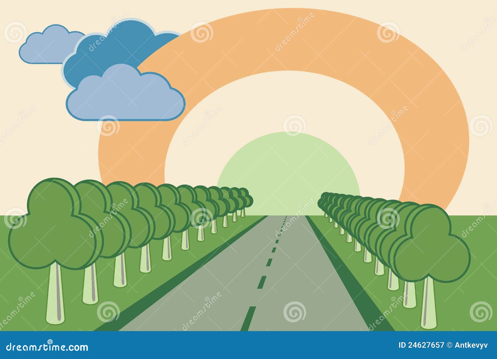 Road between trees stock vector. Illustration of horizon - 24627657