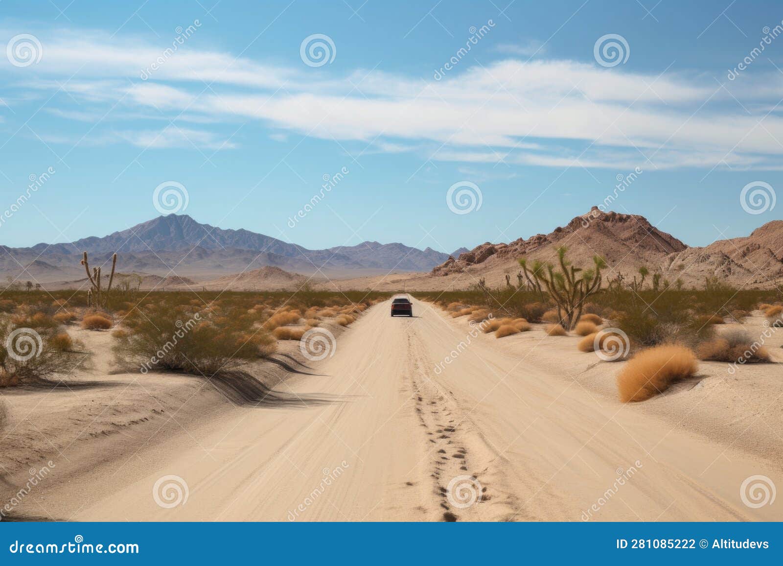 Road Trip through the Desert, with Sand Dunes and Cacti in the