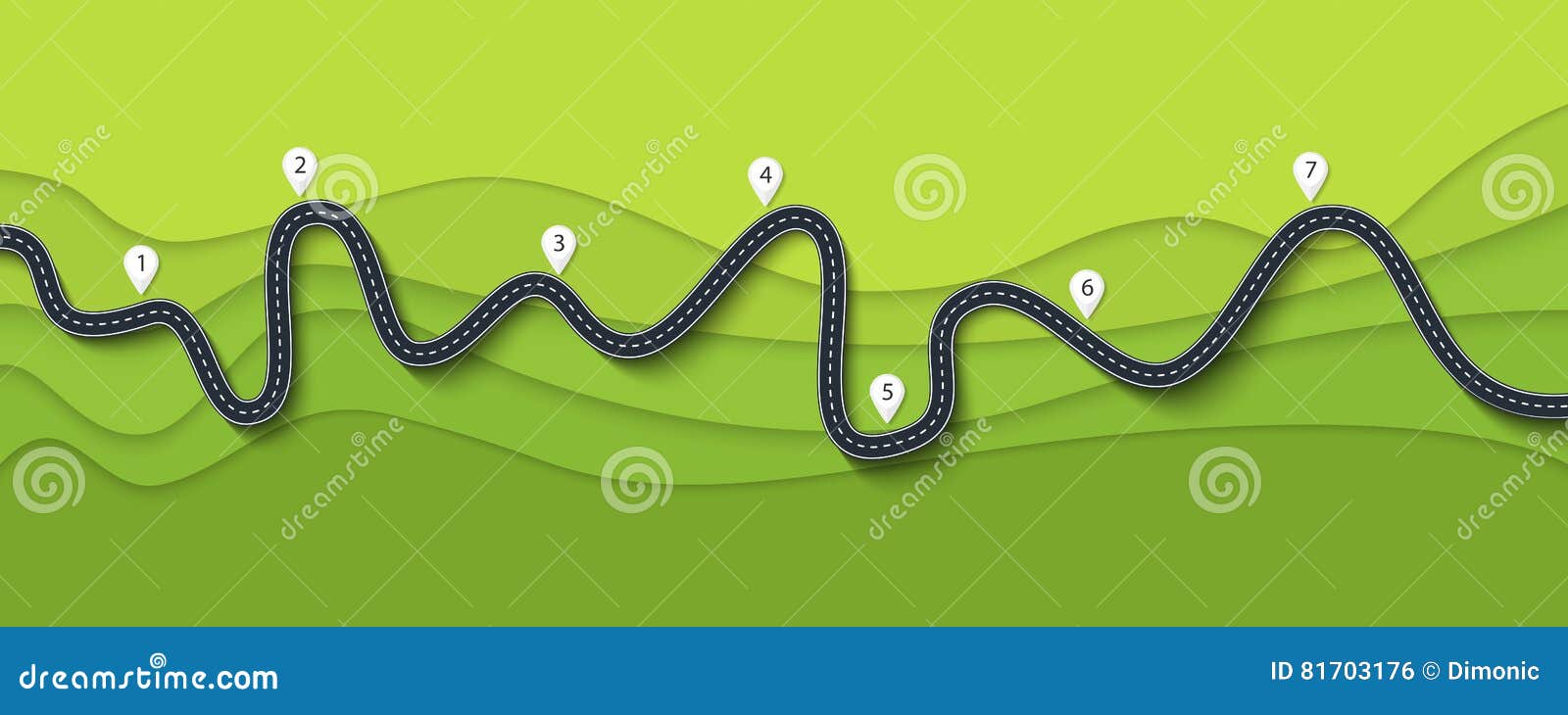 road trip and journey route. winding road on a colorful background with pin pointer