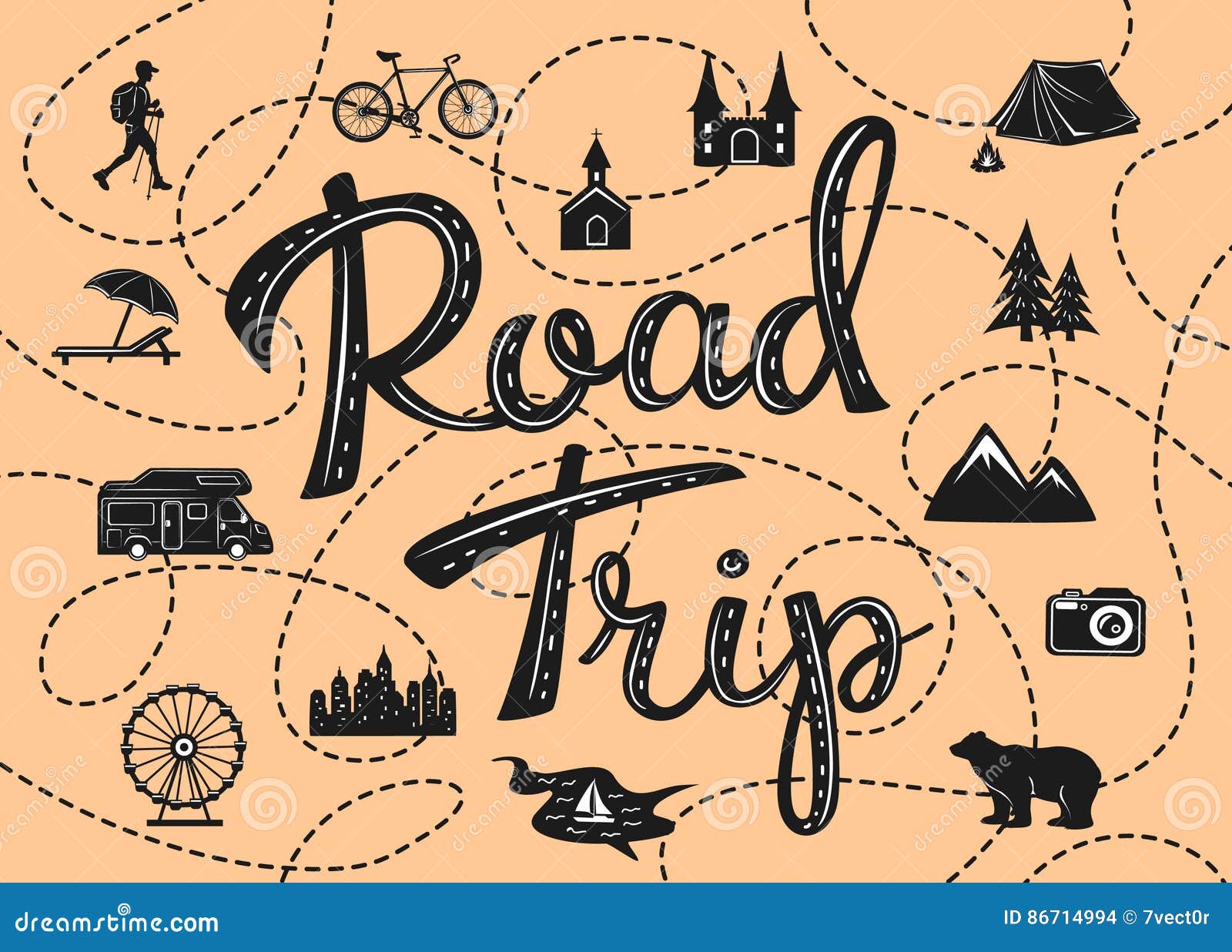 road trip poster with a stylized map with point of interests