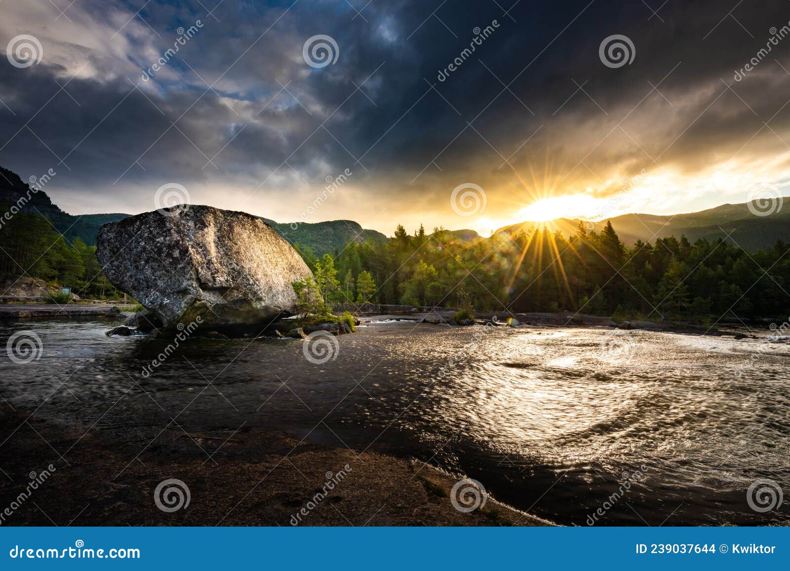 road trip rest stop large boulder in  otra river scandinavian landscape at sunrise, valle norway