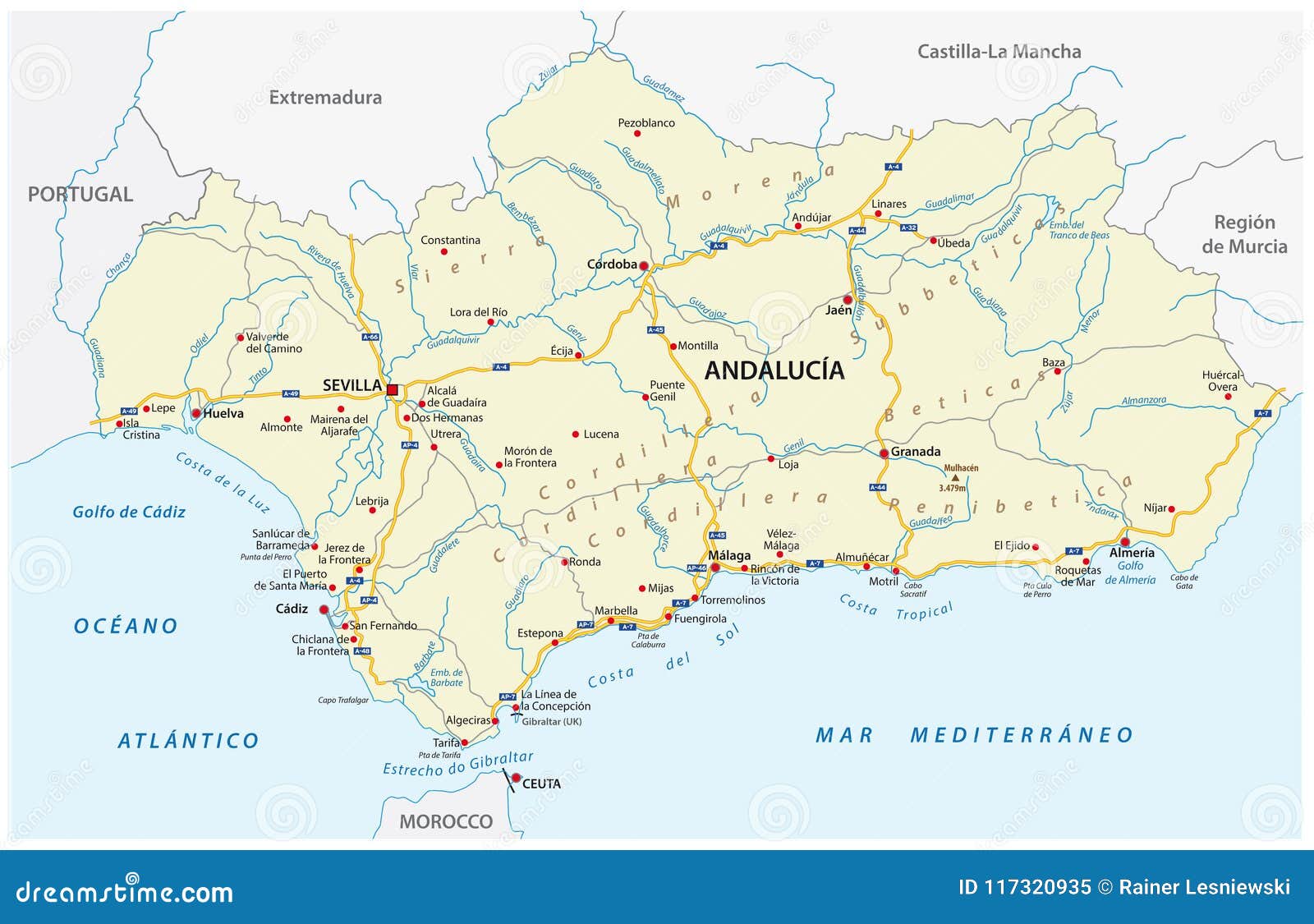 road  map of the autonomous community of andalusia, spain