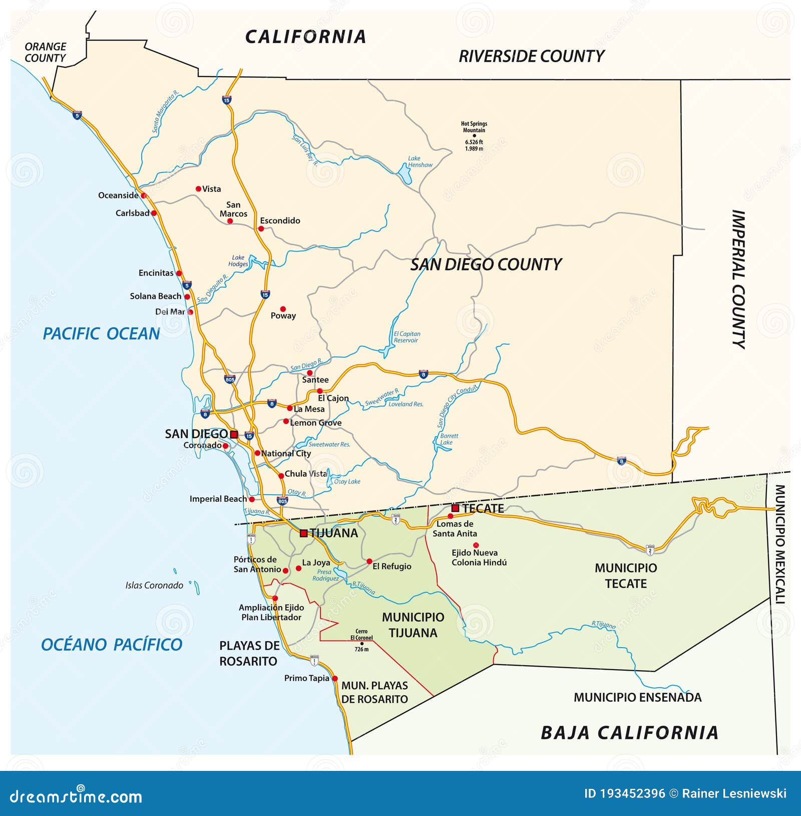 road  map of the cross-border agglomeration san diego-tijuana, mexico, united states