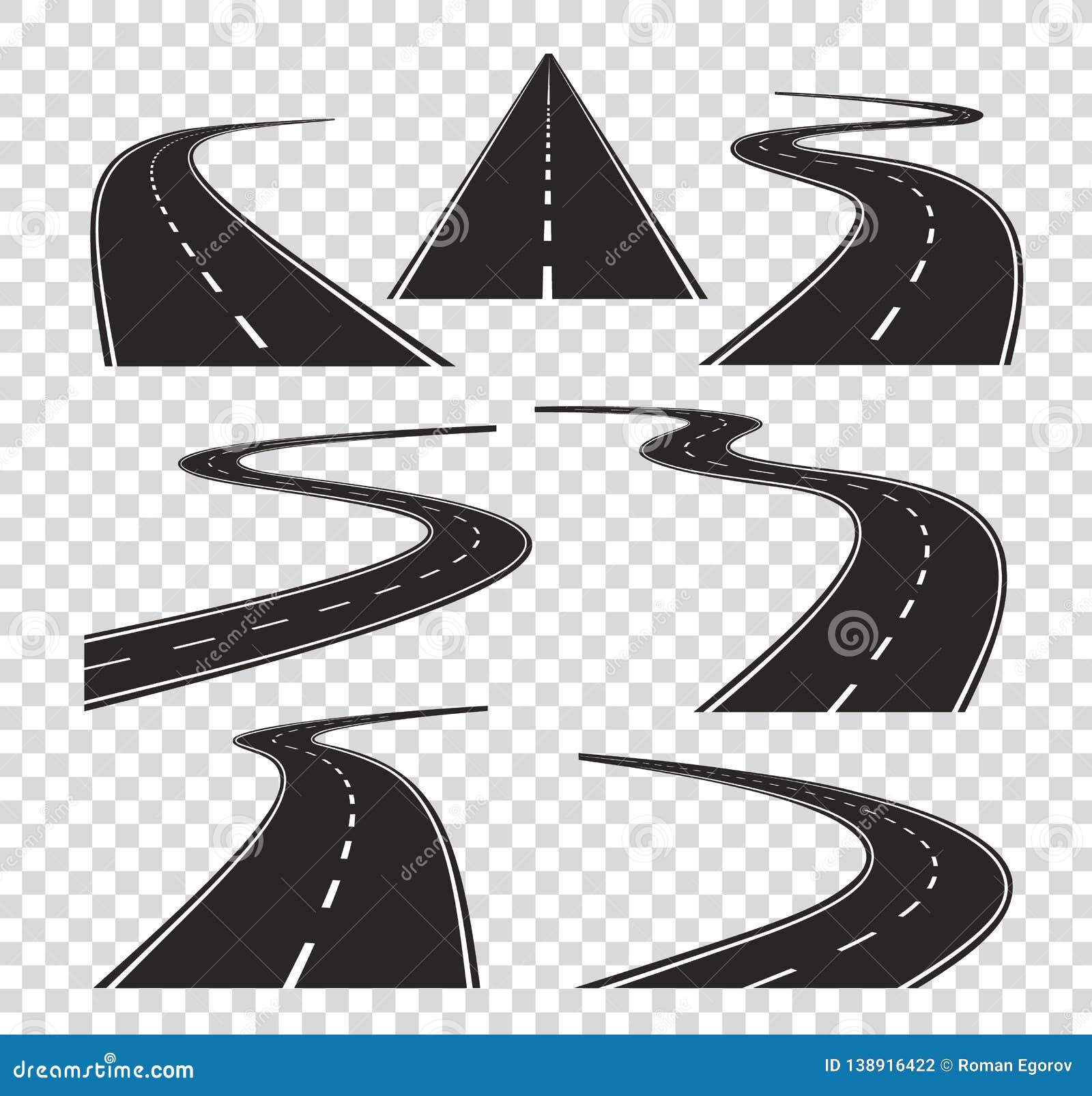 roads in perspective. bended pathway road curved city street to horizon. journey asphalt highway  