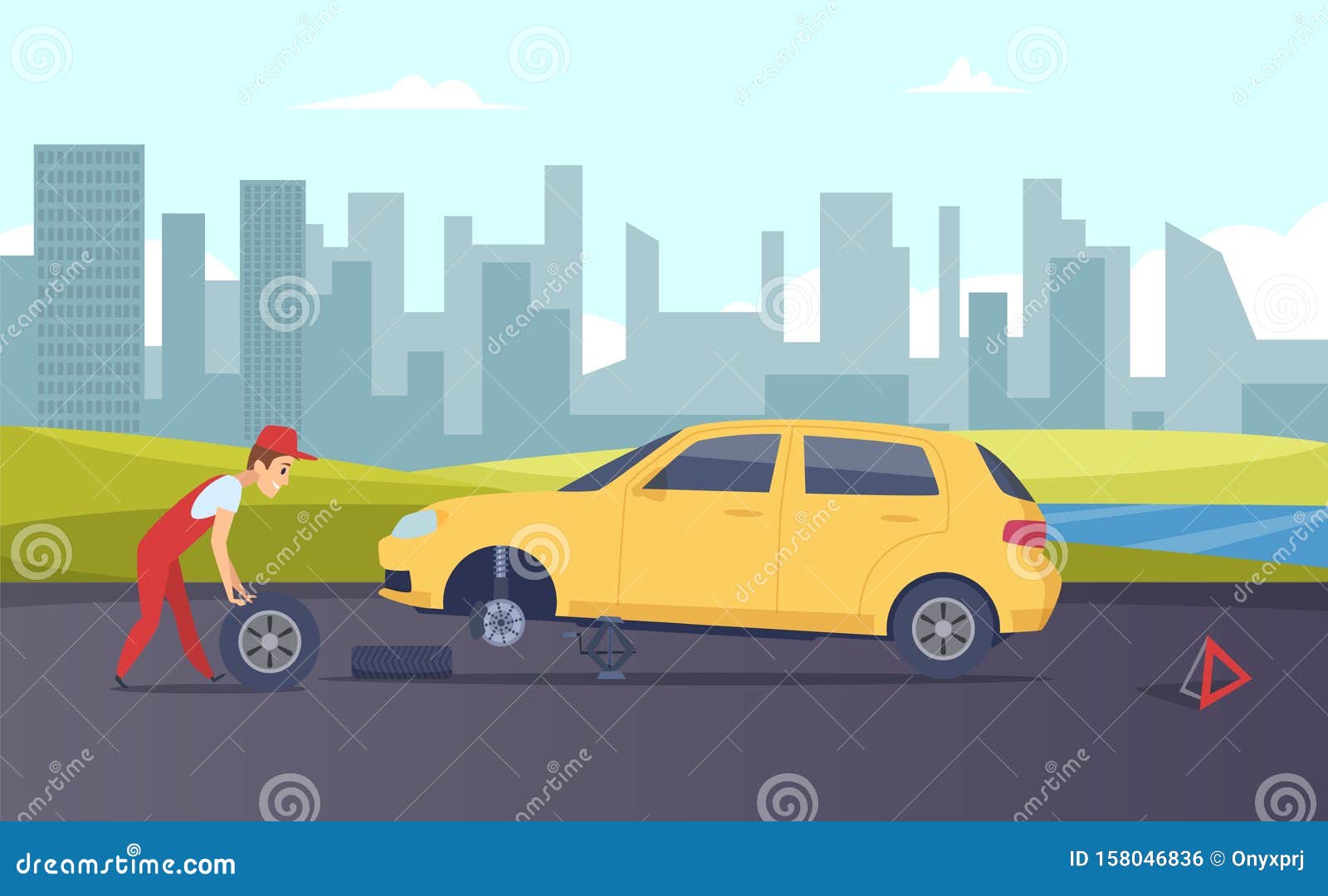 roadside assistance.  tire fitting service. cartoon car mechanic changing car wheels on road 