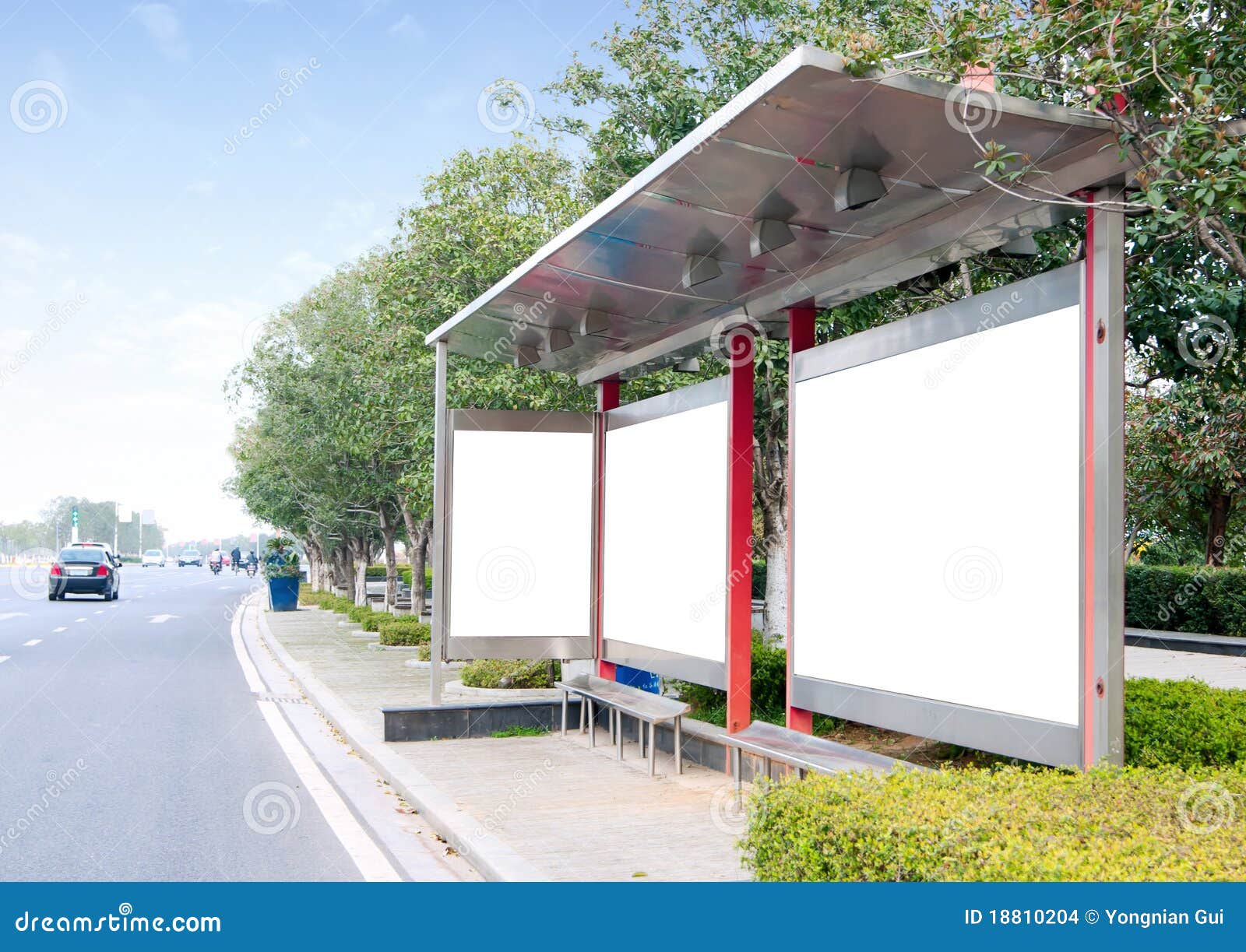 The roadside billboards, bus station.