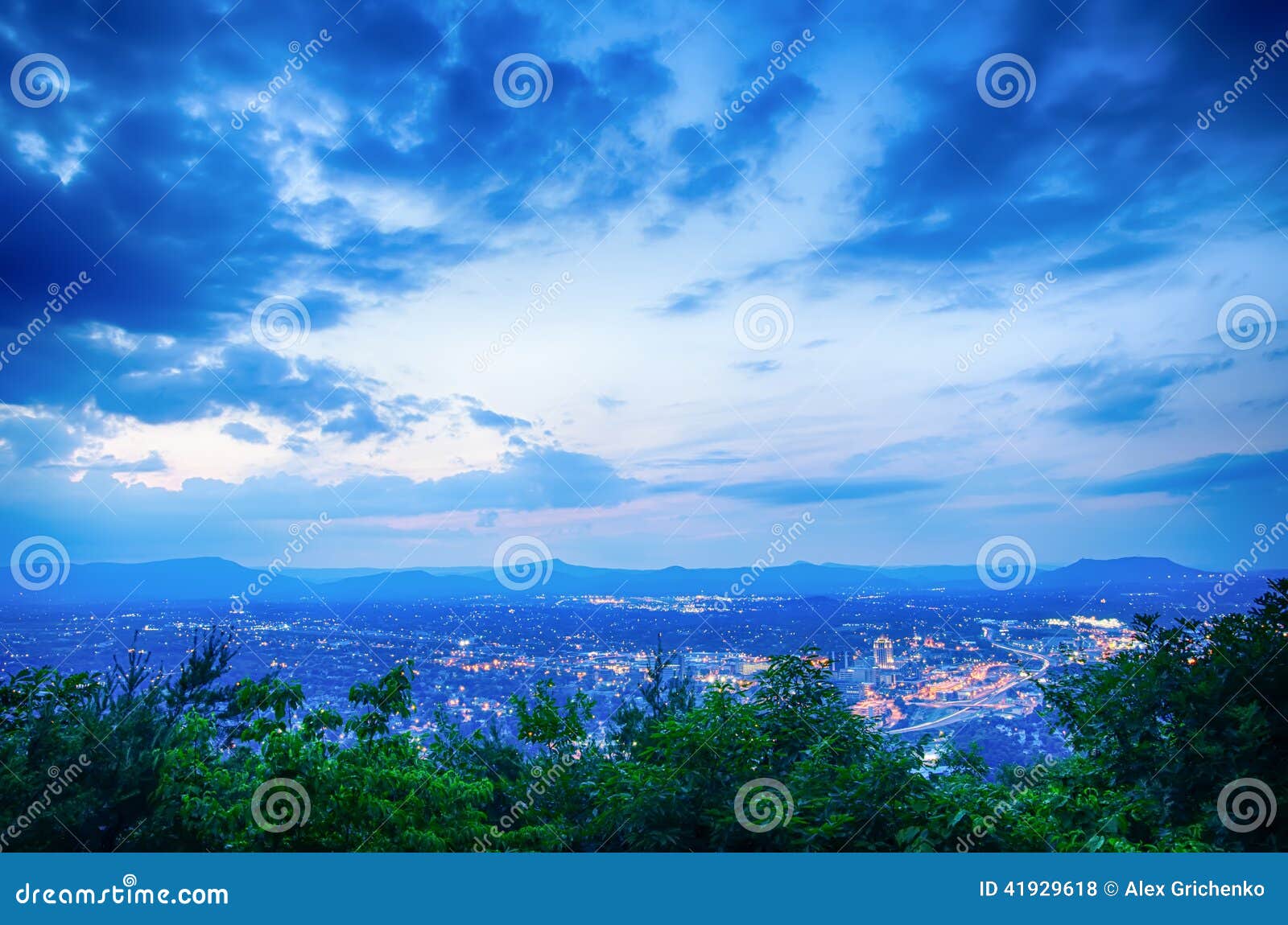 roanoke city as seen from mill mountain star at dusk in virginia