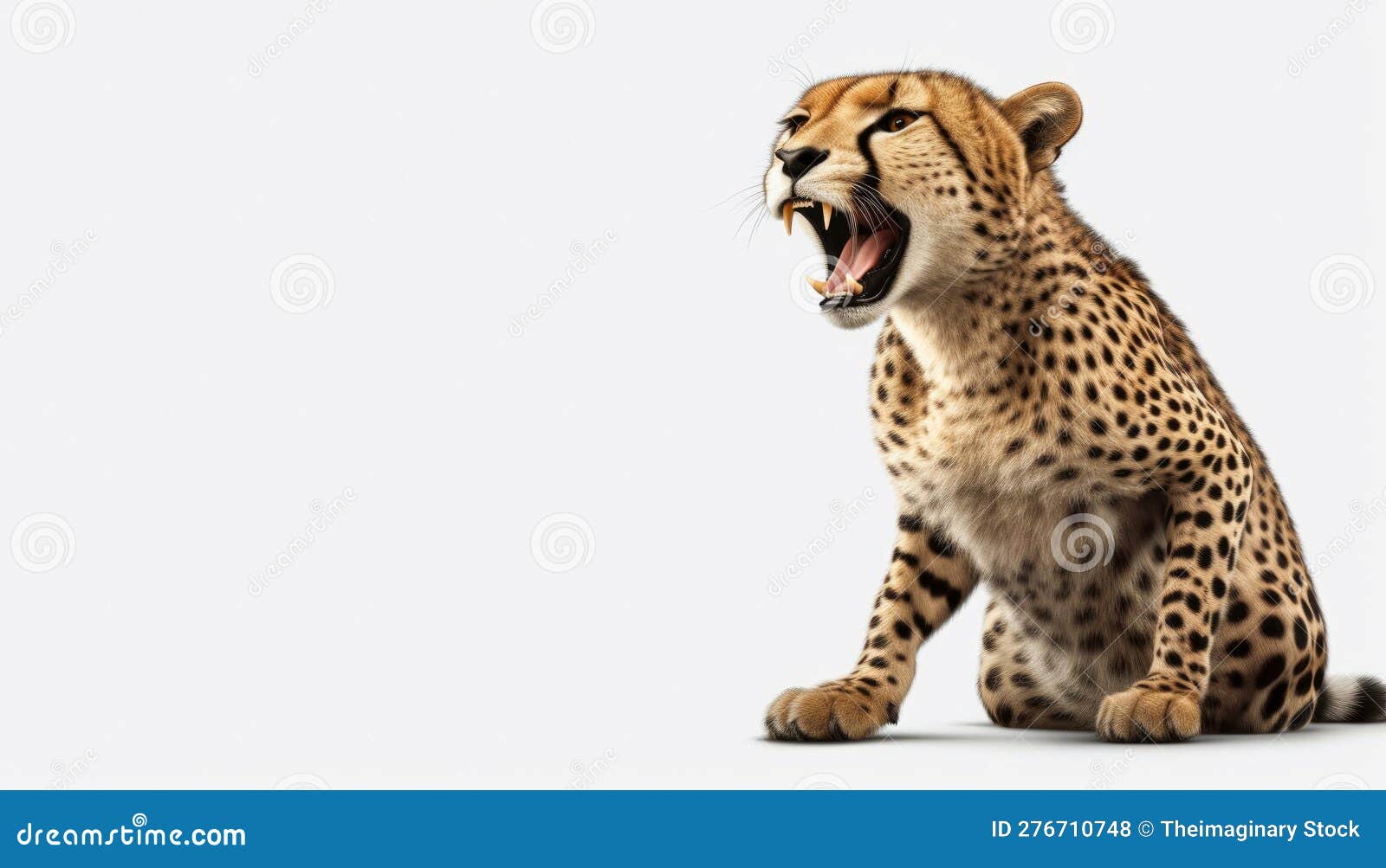 roaring and angry cheetah sitting on  white background