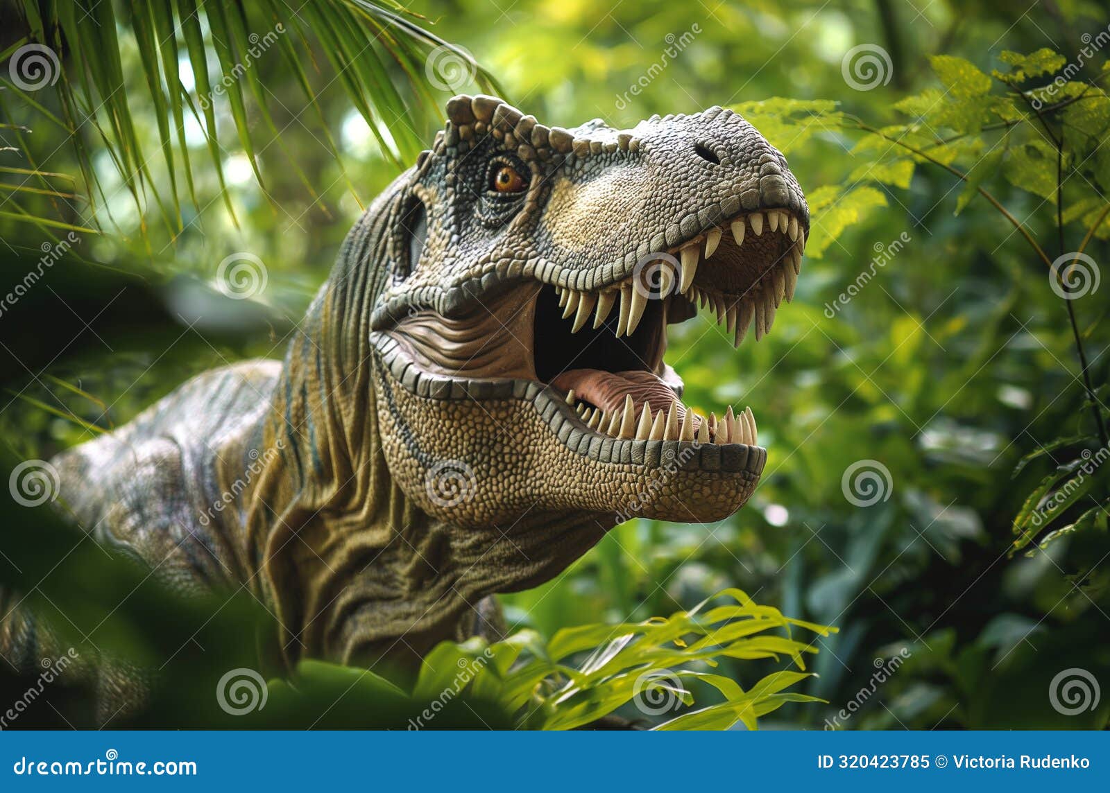 roaring dinosaur in jungle setting