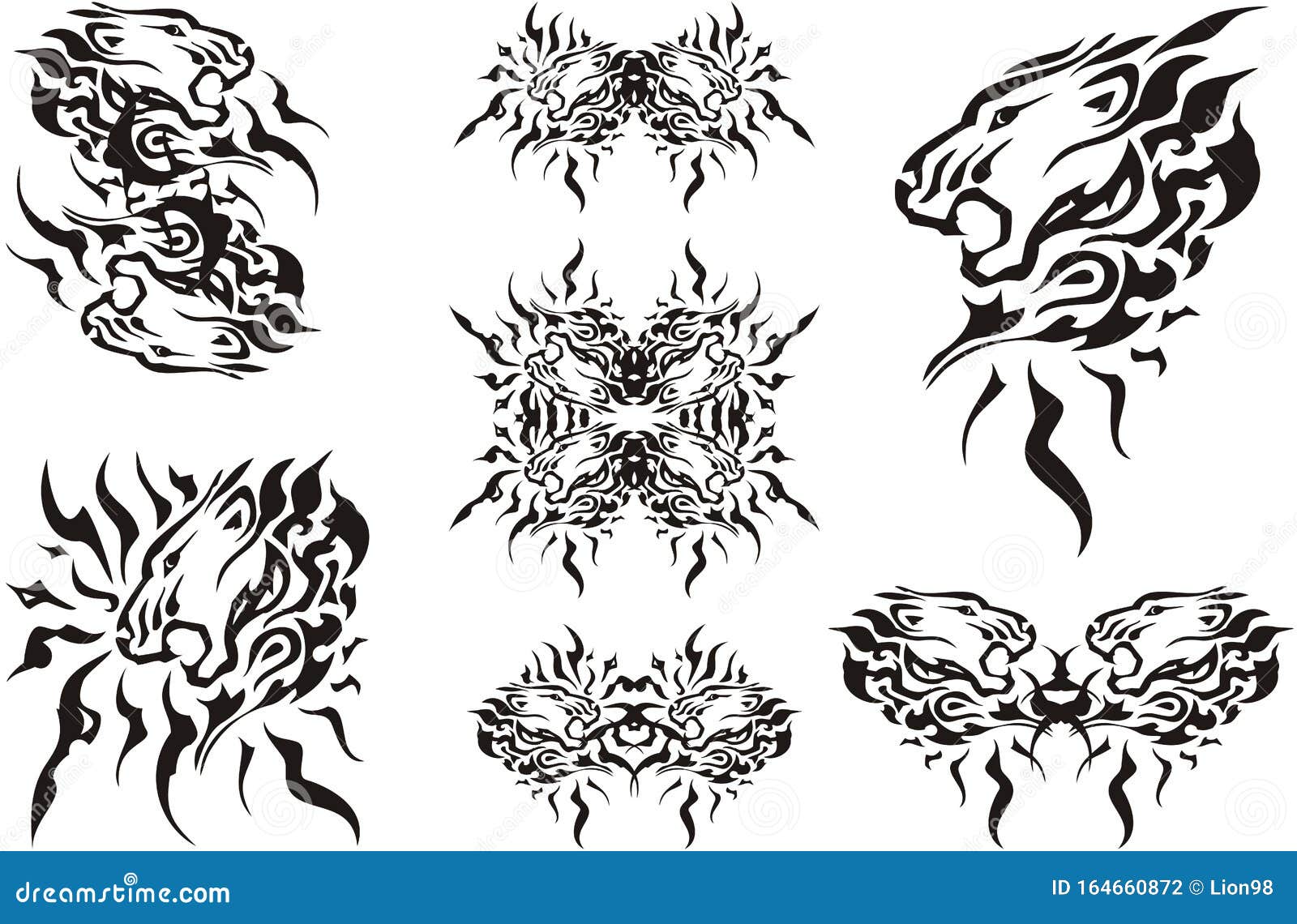 Flaming Tribal Aggressive Lion Head Symbols Isolated on White Stock ...