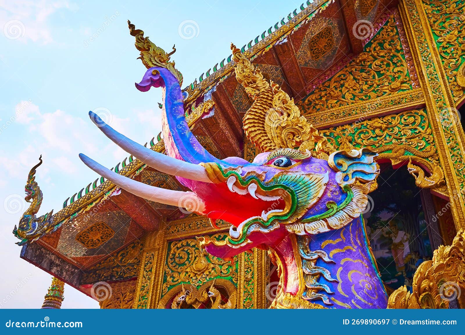 closeup head of hatsadiling winged elephant statue, wat chetawan, chiang mai, thailand