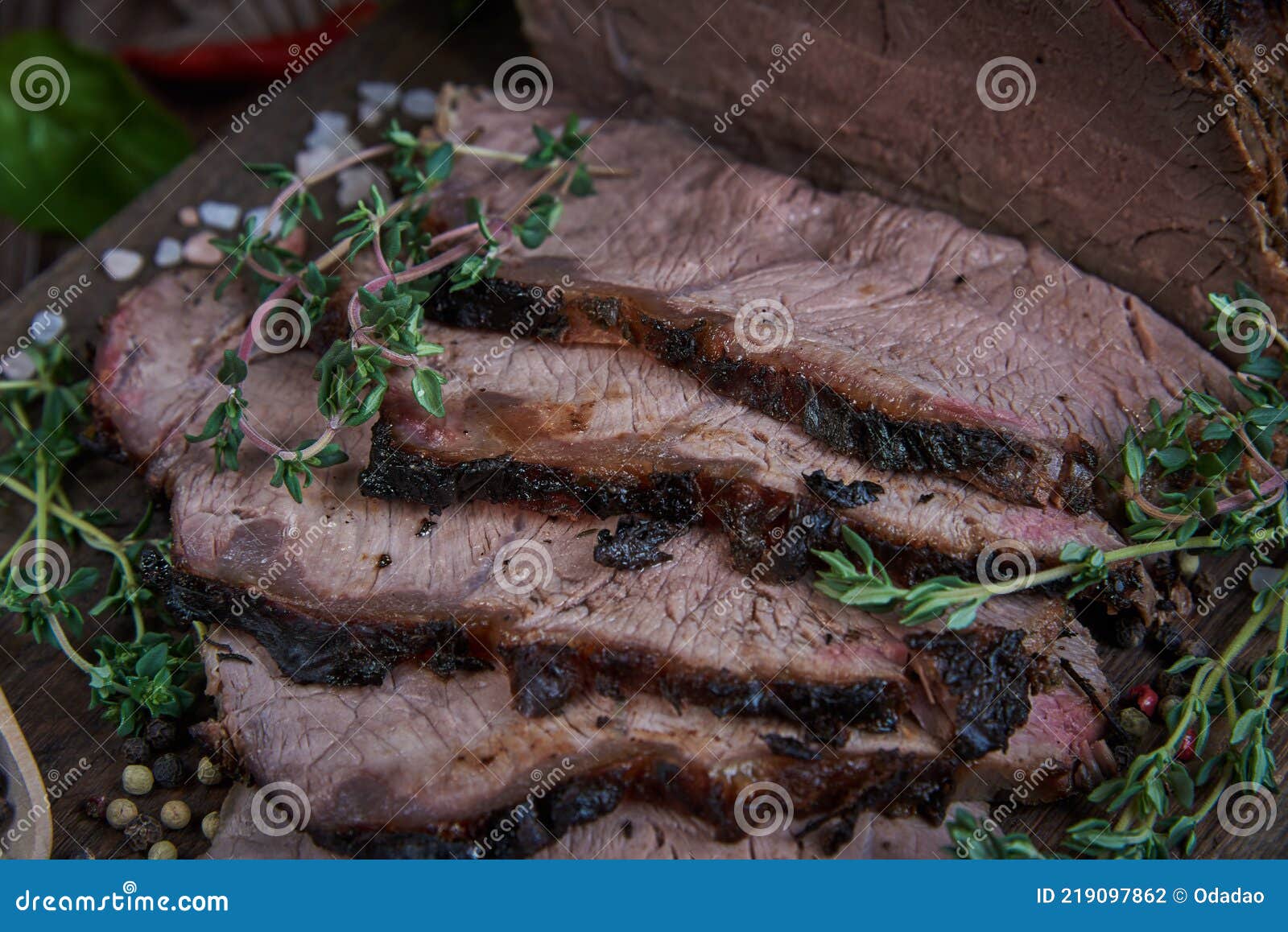 Roast Beef on Cutting Board. Wooden Background Stock Photo Image of