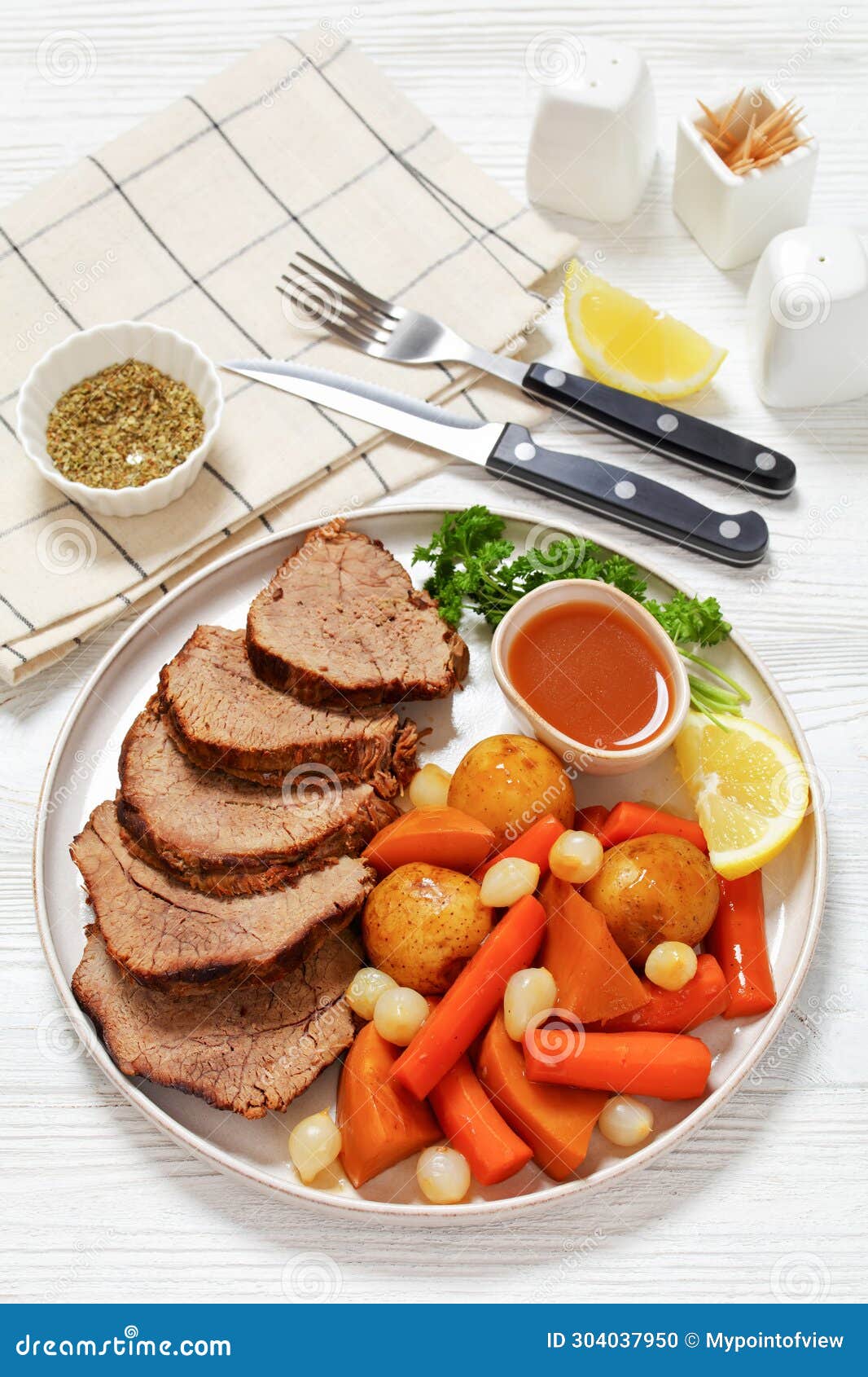 Roast Beef with Dipping Sauce and Winter Veggies Stock Photo Image of dinner, potato 304037950