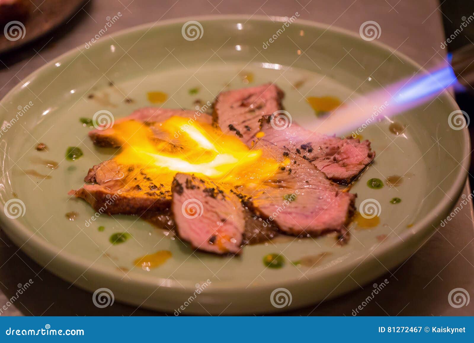 Roast Beef Whith Gas Burner Flame Burns. Stock Image Image of beef