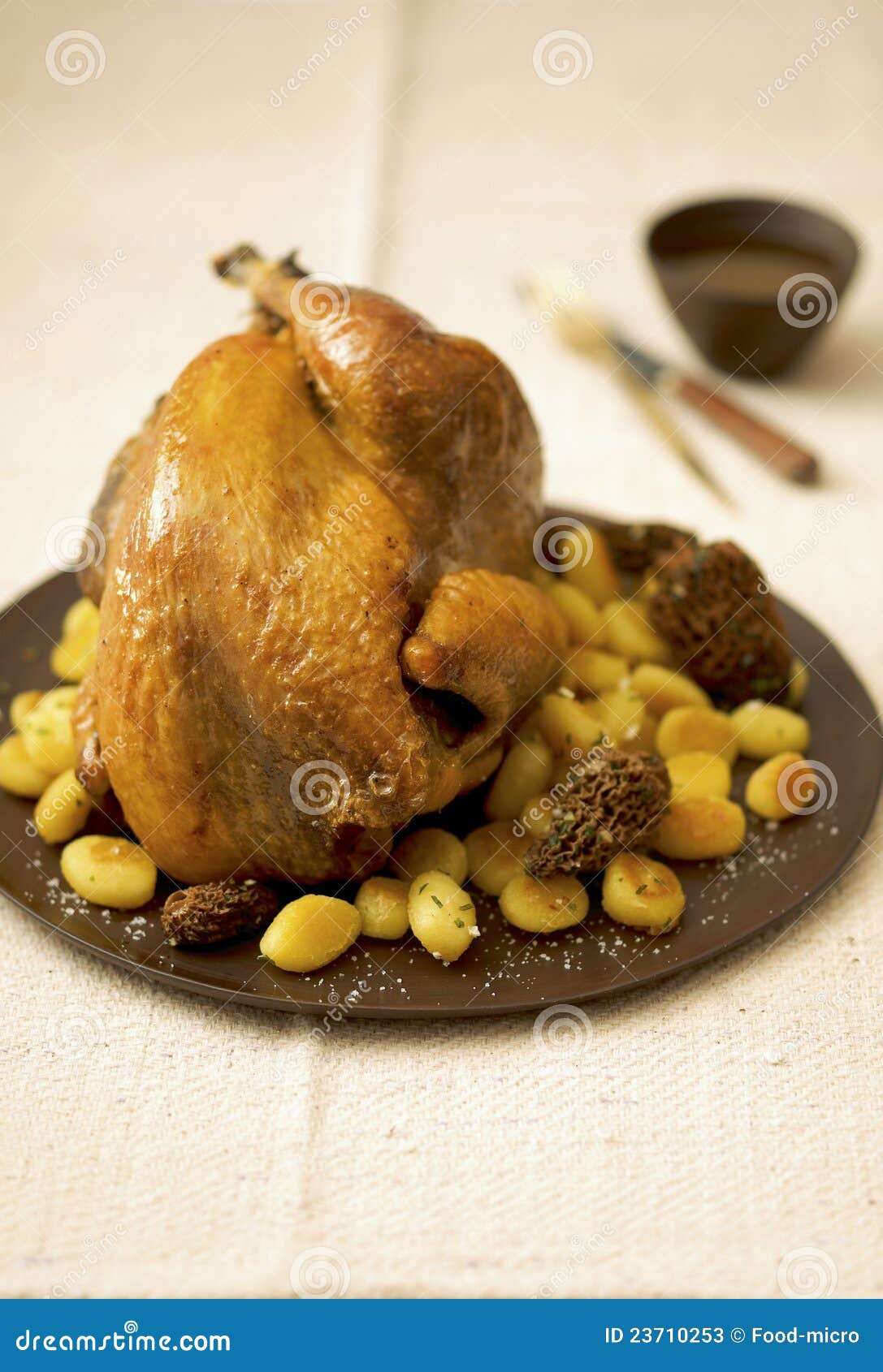 Roast Capon with Morels and Panfried Gnocchis Stock Image Image of