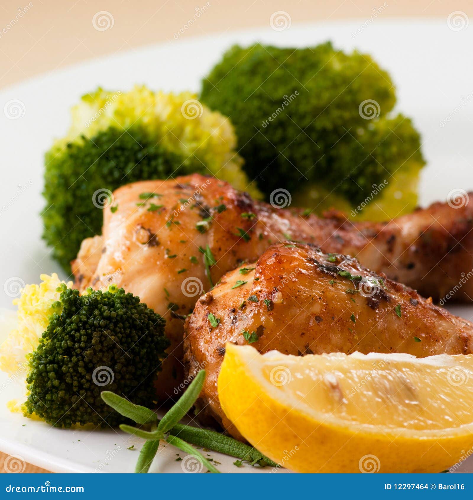 Roast Chicken with Broccoli and Lemon Stock Photo Image of plate