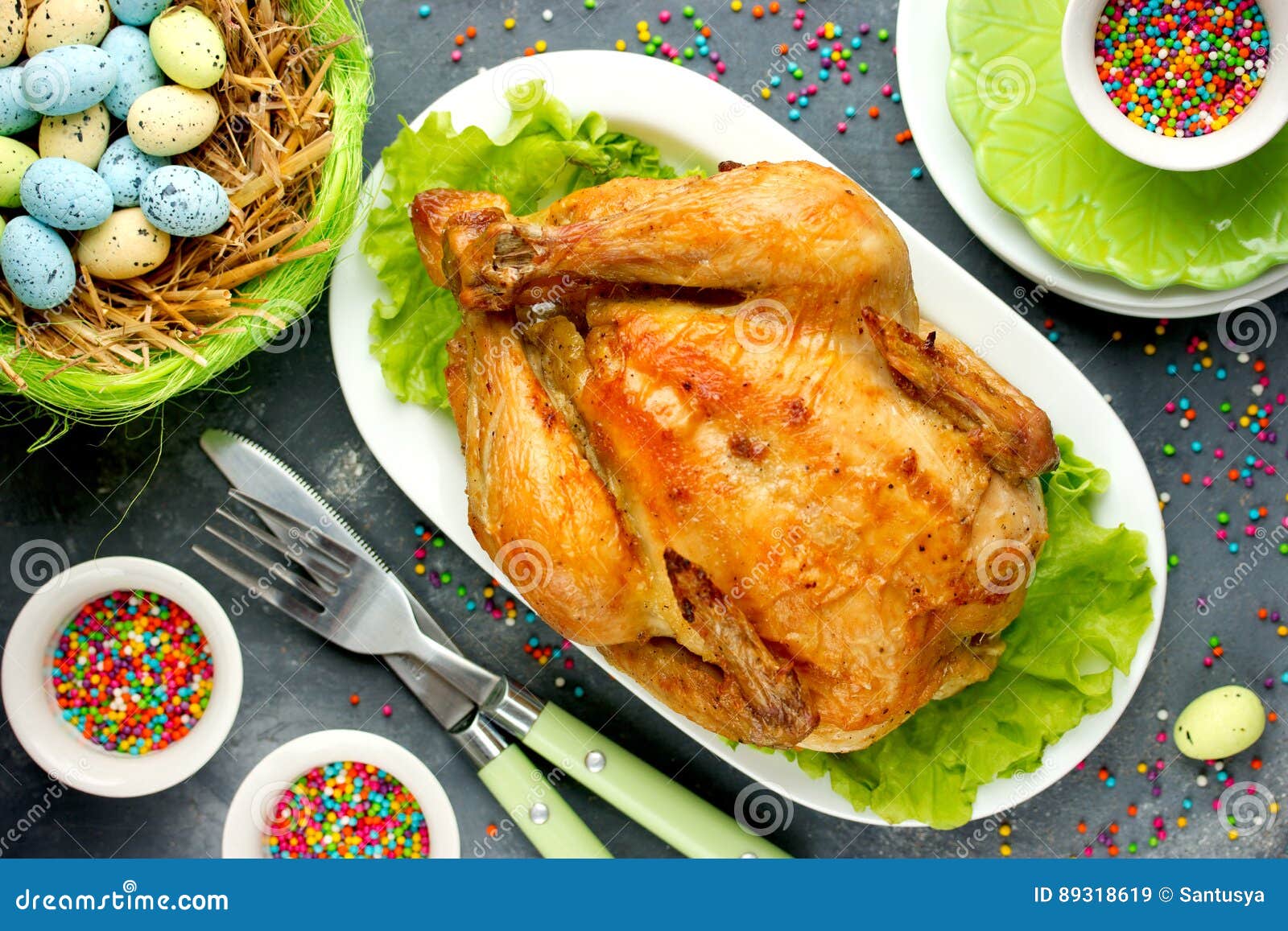 Roast Chicken on Festive Easter Table Stock Image Image of concept