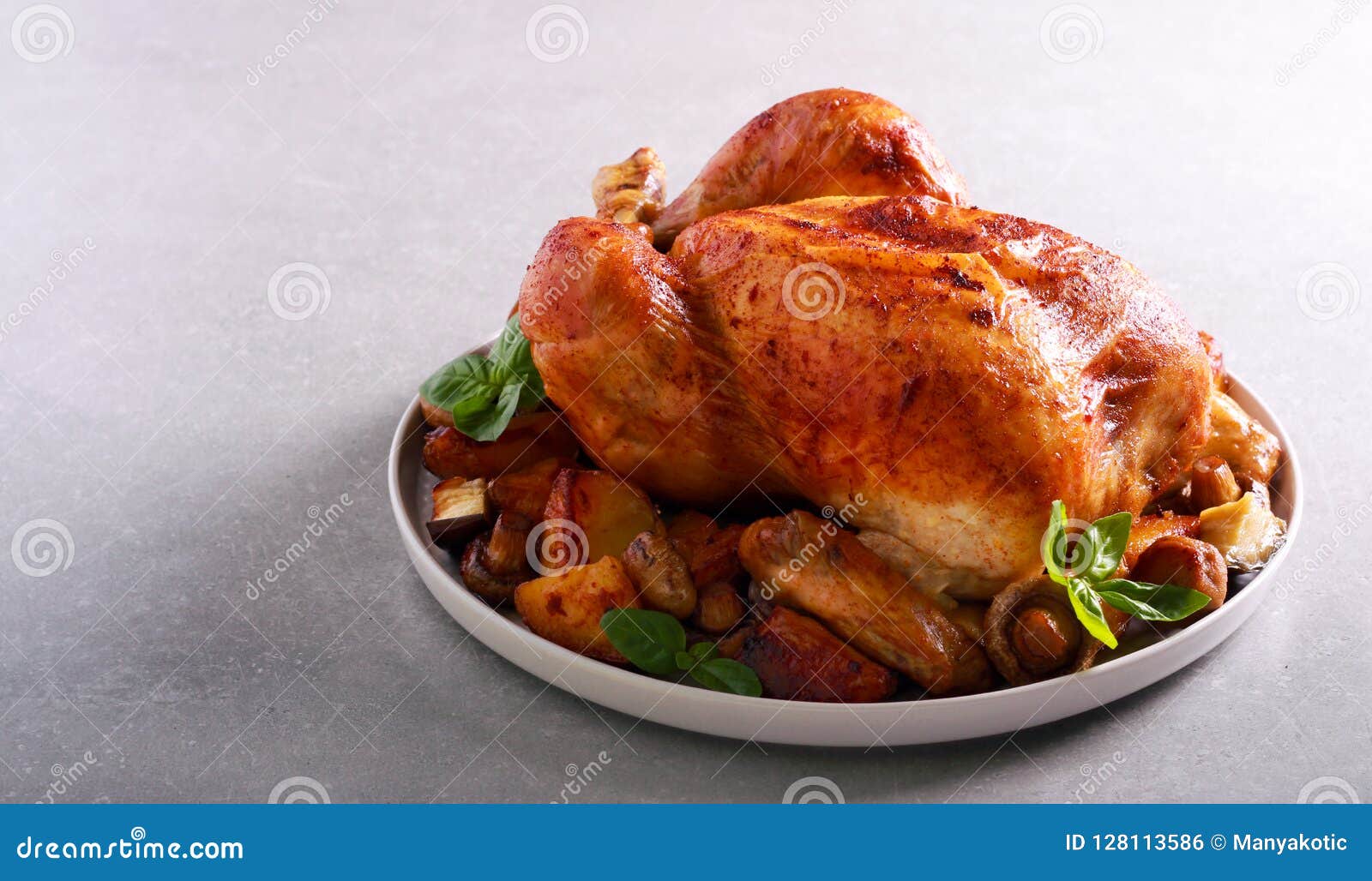 Roast Chicken with Roast Potatoes and Mushrooms Stock Photo Image of