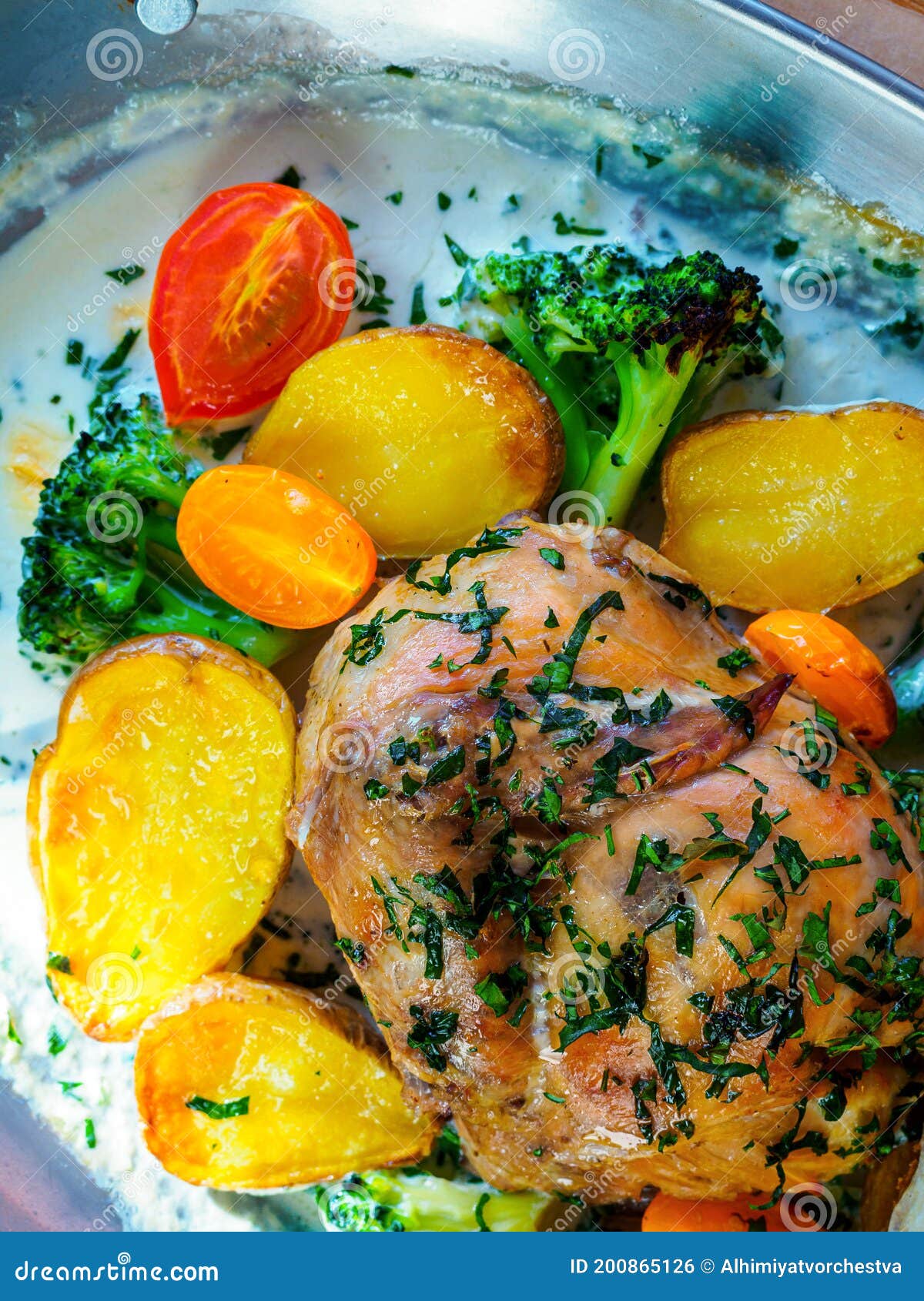 Roast Chicken and Vegetables in a Baking Dish Stock Photo Image of