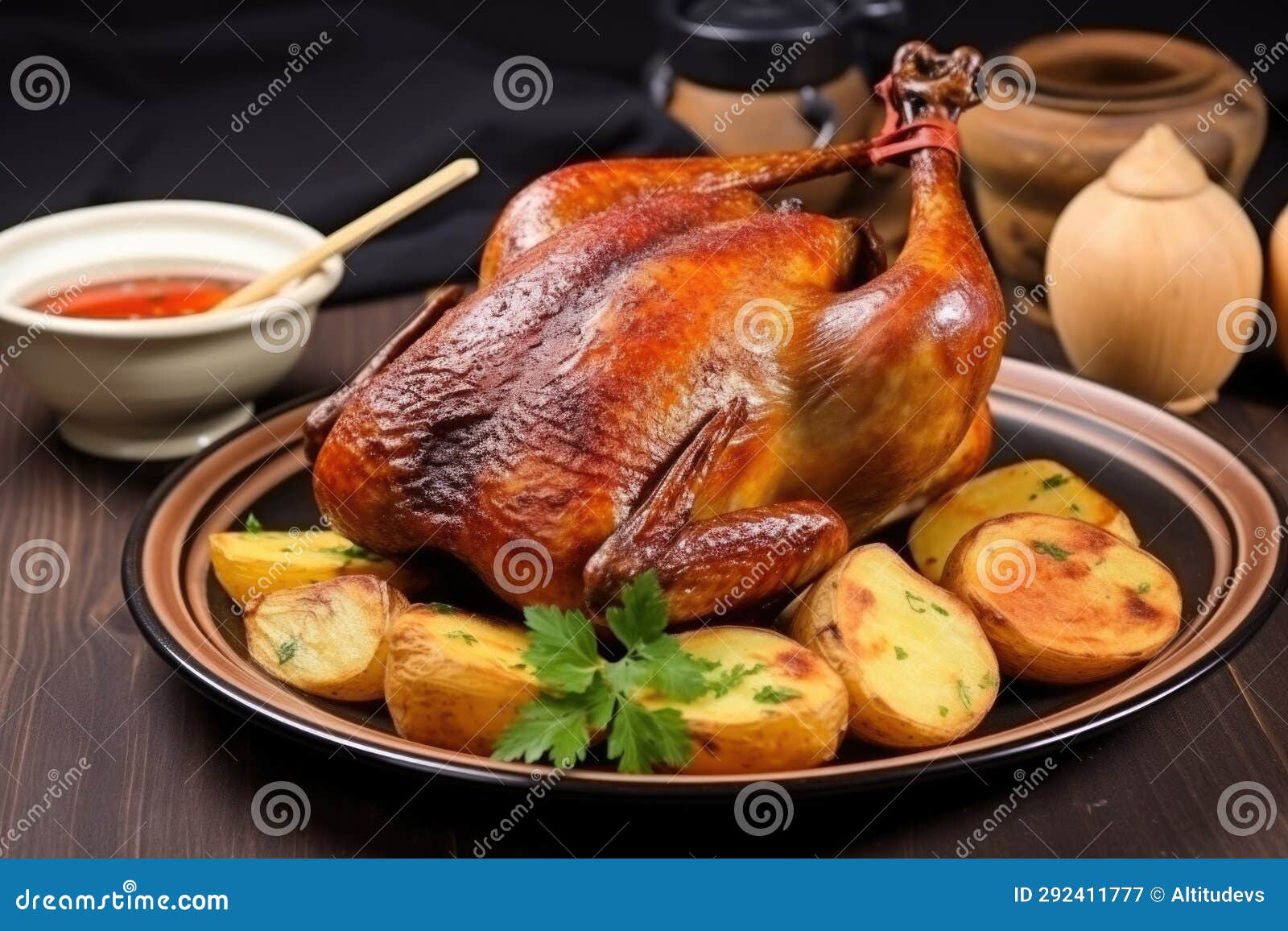 Roast Duck Served with Roasted Potatoes on a Decorative Ceramic Plate