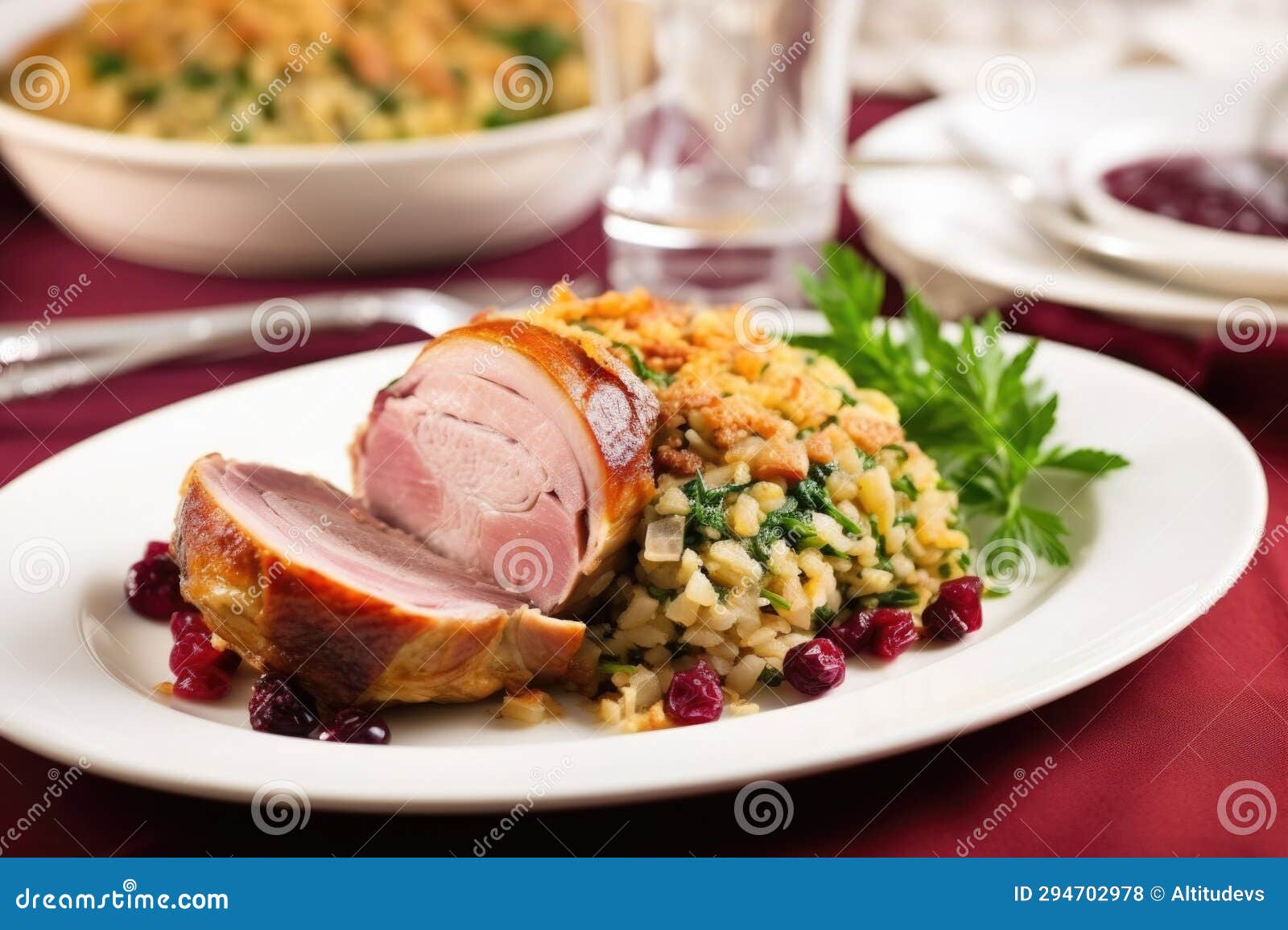 Roast Duck with Stuffing, Shown in Cross Section on Plate Stock Photo