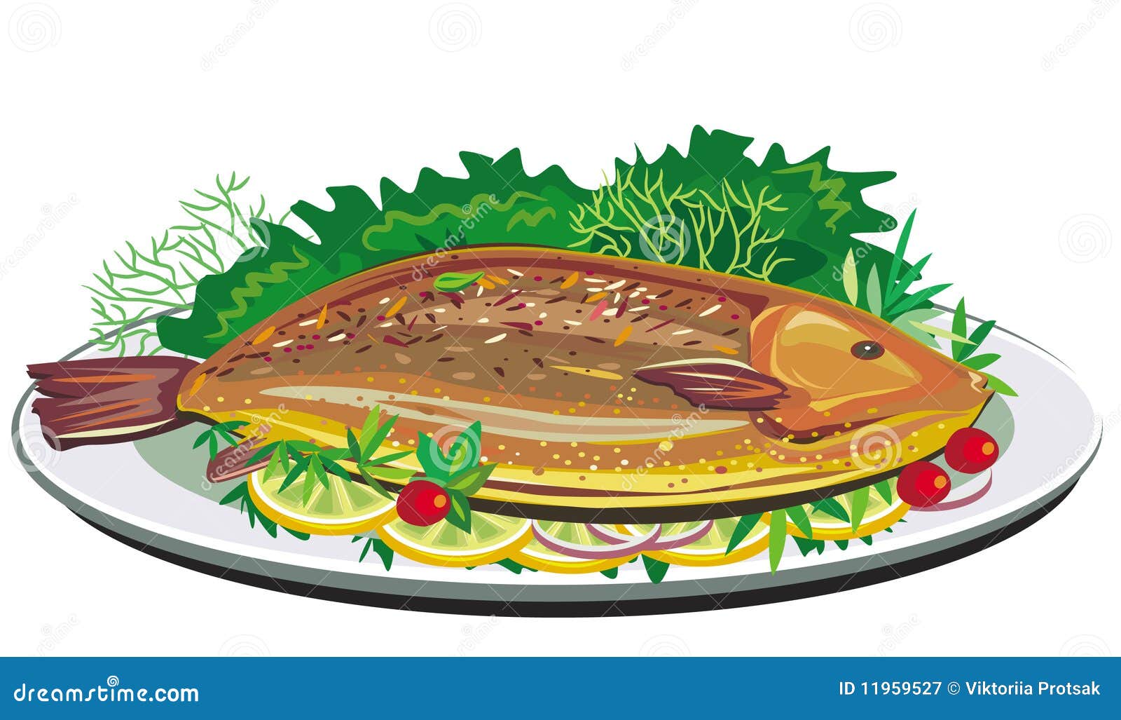 Roast fish on plate stock vector. Illustration of lemon - 11959527