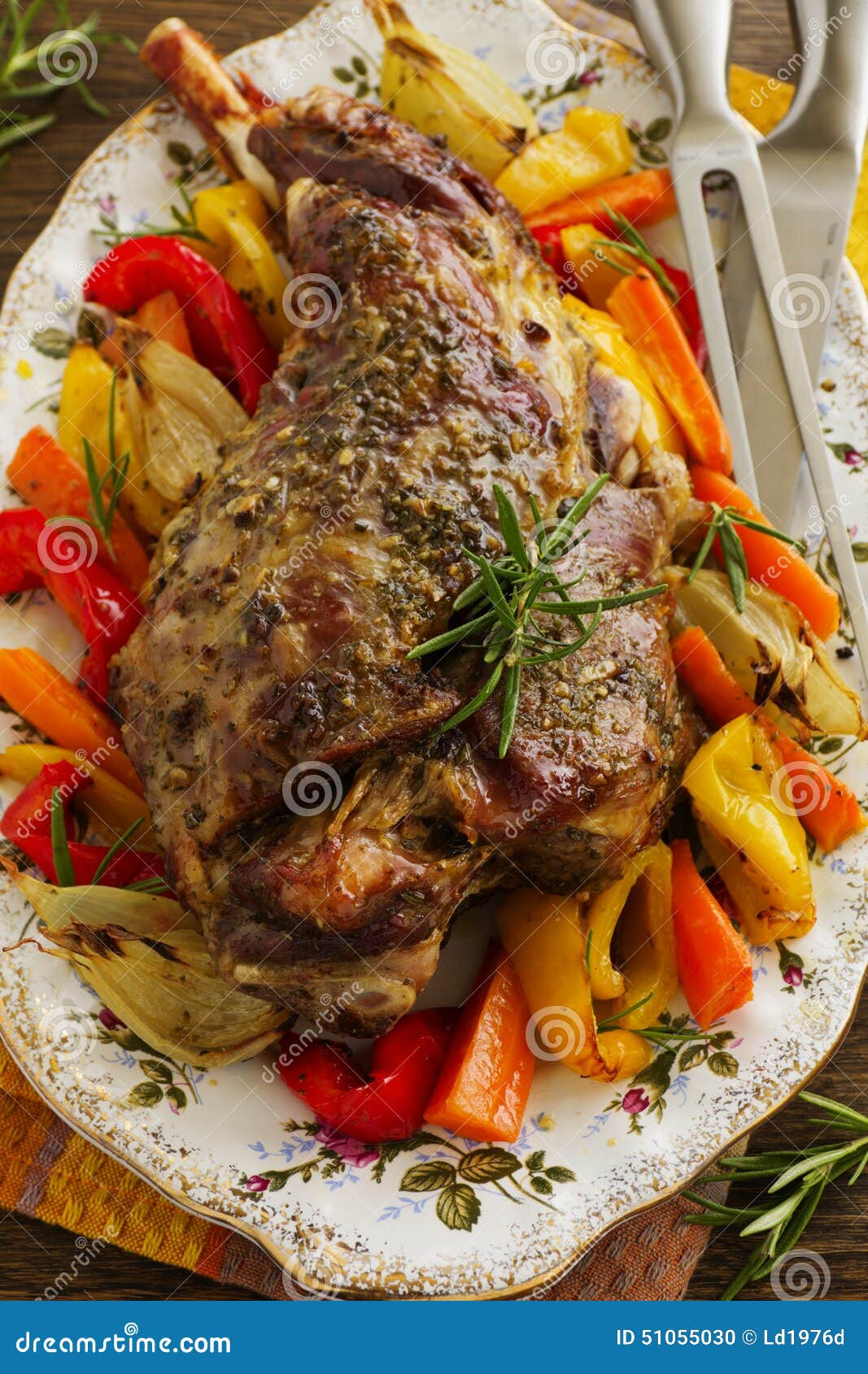 Roast Leg of Lamb with Rosemary and Garlic Stock Photo Image of traditional, board 51055030