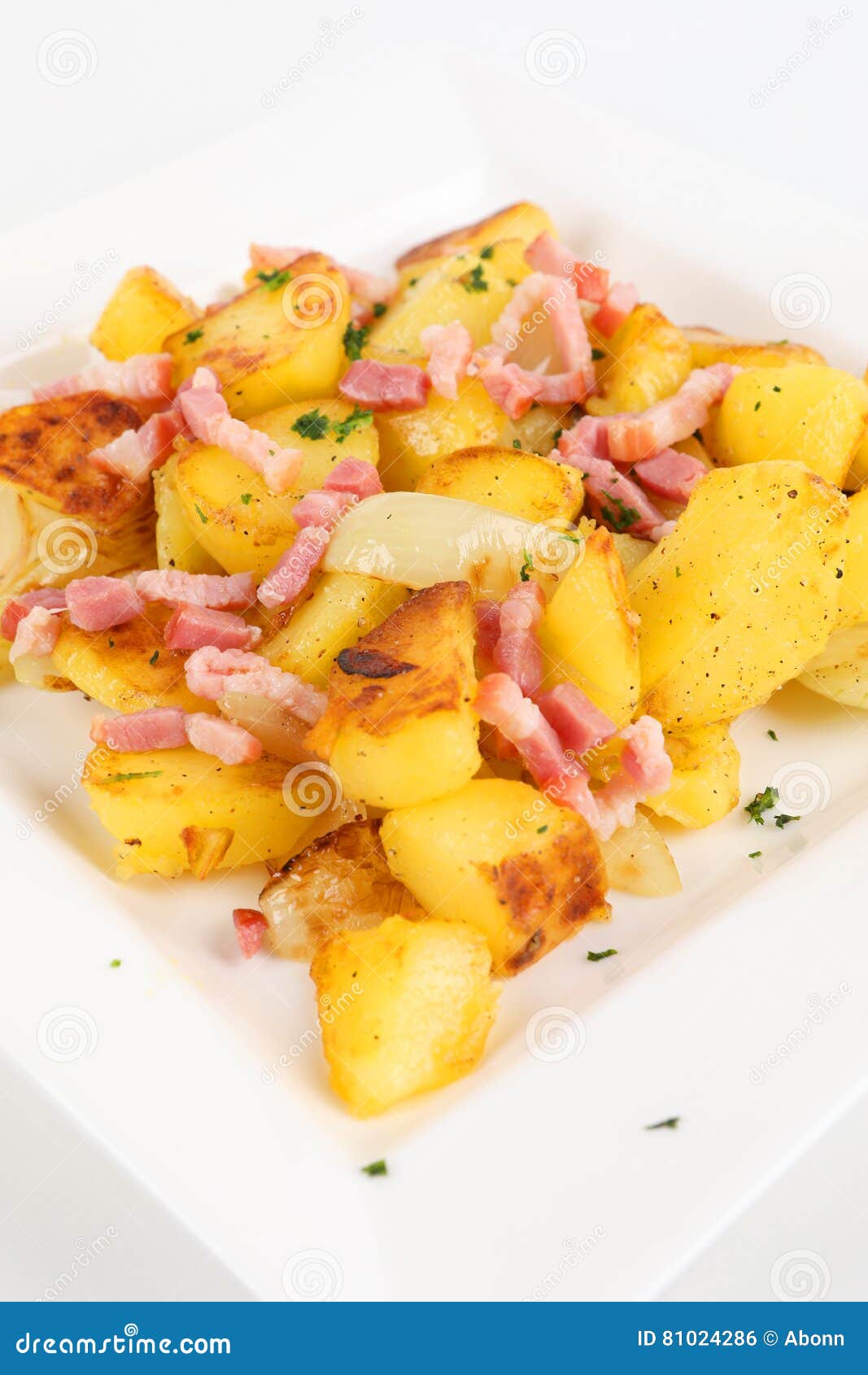 Roast Potatoes with Onions and Bacon Stock Photo Image of fried