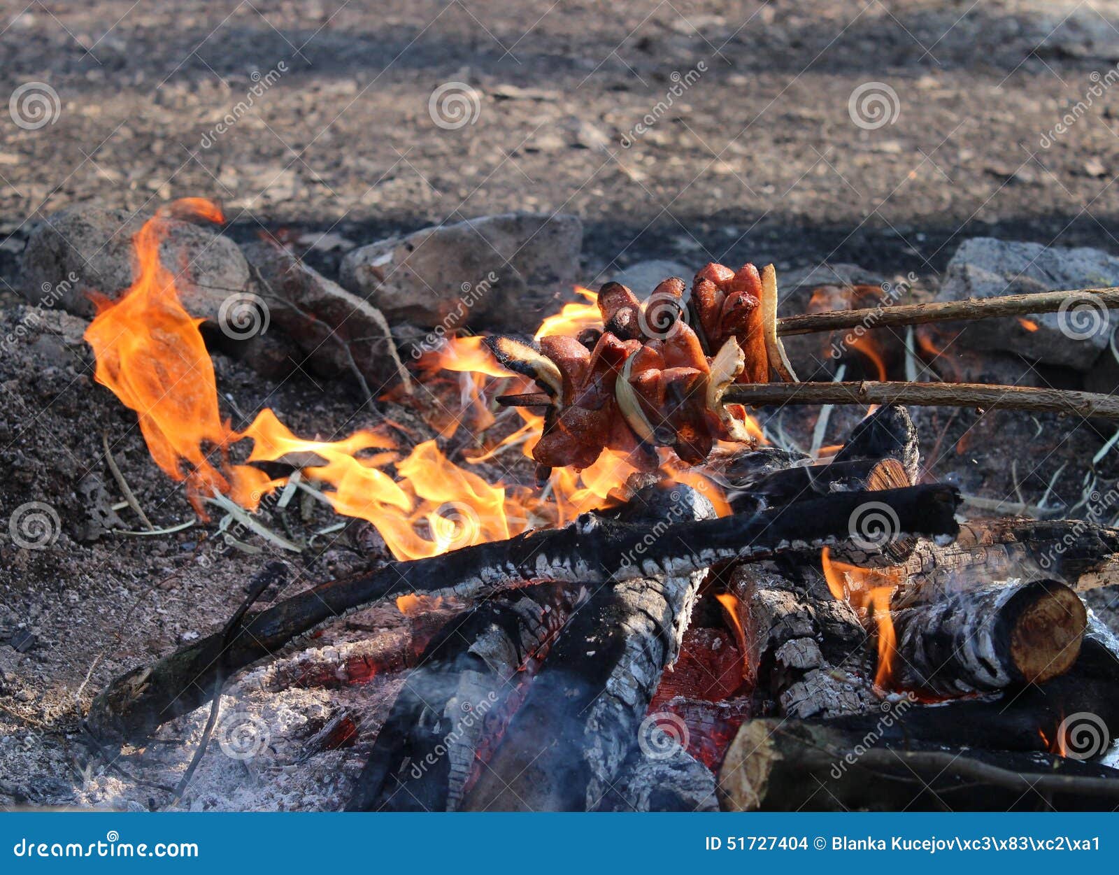 Roast Sausages Over a Fire in the Wild. Stock Photo - Image of roasted ...