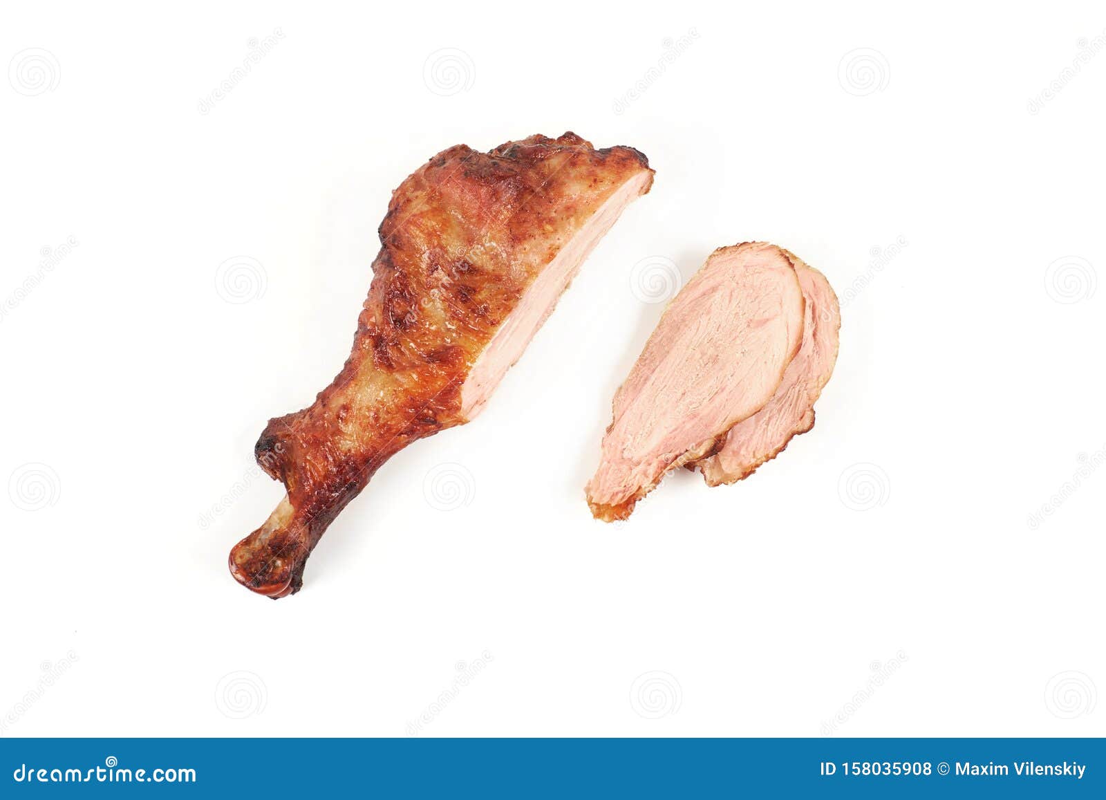 Roast Turkey Leg and Sliced Turkey Meat Isolated on White Background