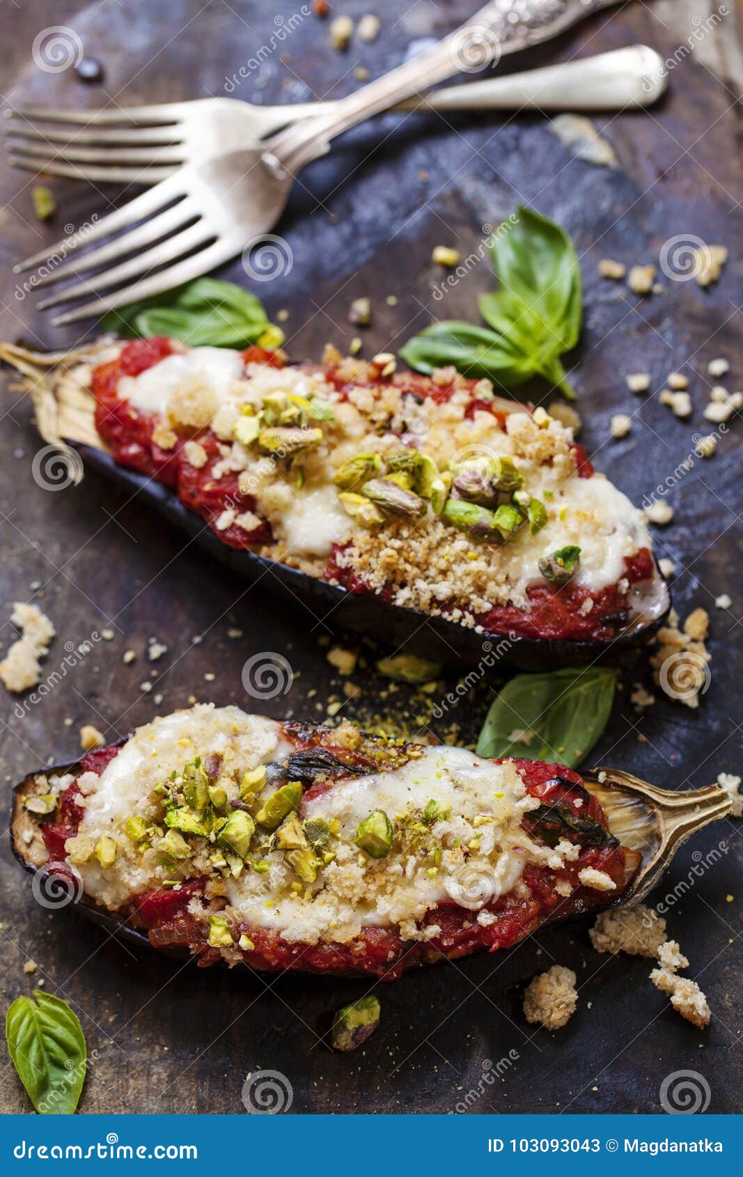 Aubergines with Mozzarella, Tomatoes and Basil Stock Image Image of