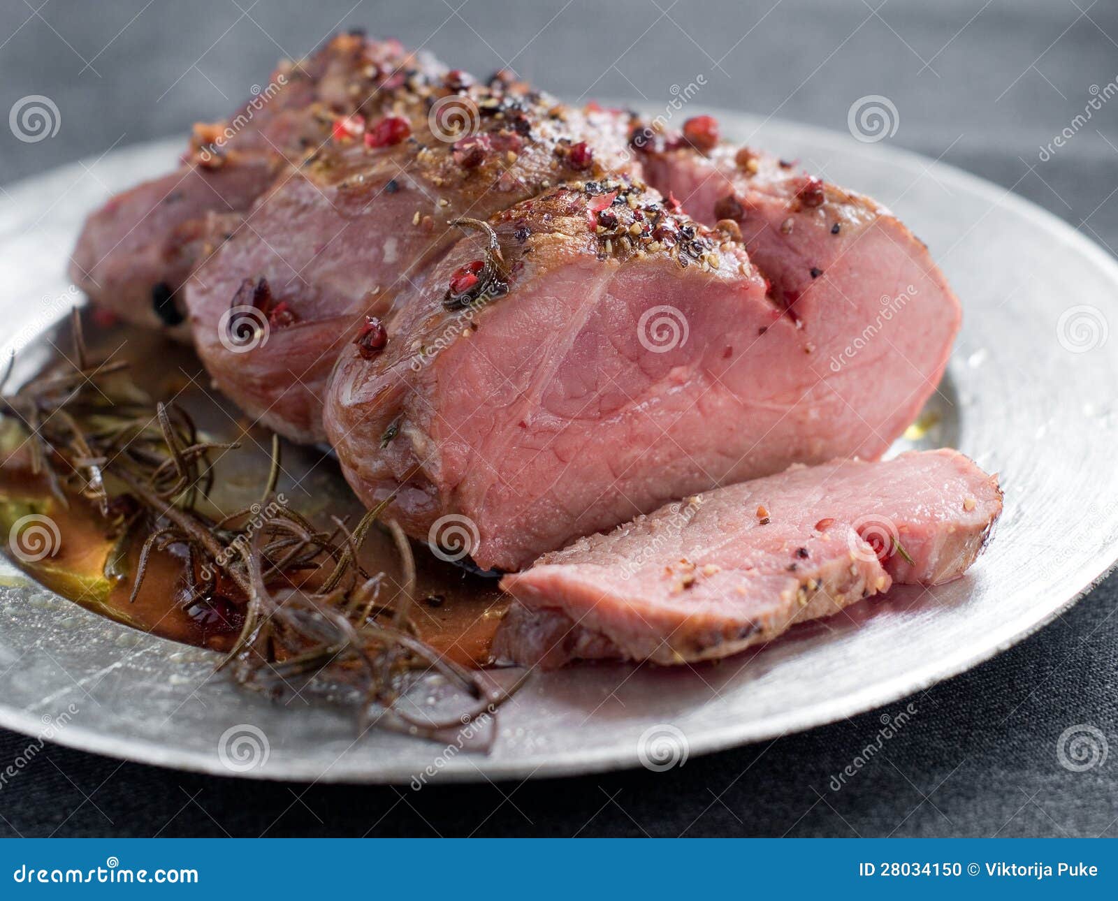 Roasted Beef On Platter Next To Fatty Bits And String In Pan Stock
