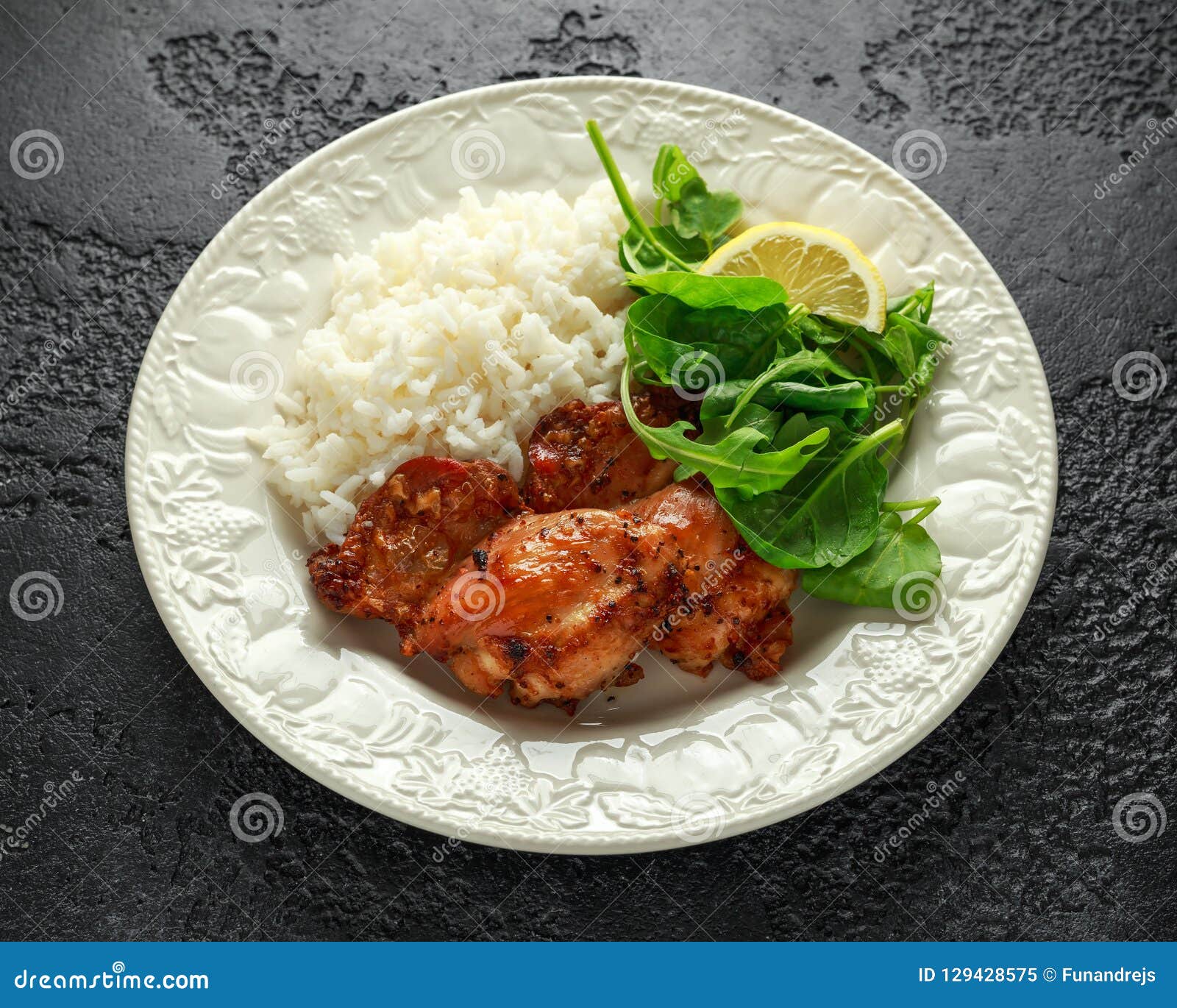 Roasted Boneless Skinless Chicken Thighs with Rice and Green Vegetables