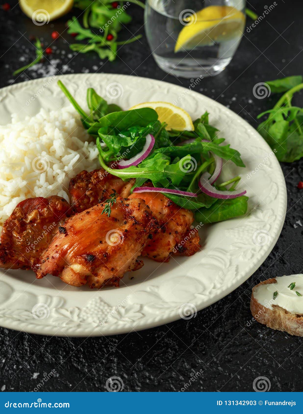 Roasted Boneless Skinless Chicken Thighs with Rice and Green Vegetables
