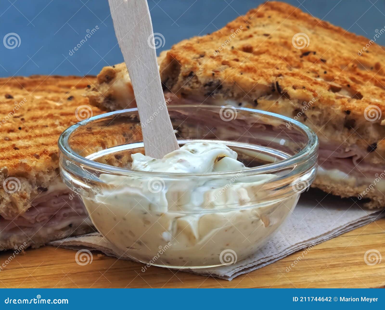 Roasted Bread with Ham and Melted Cheese and a Dip Stock Photo Image