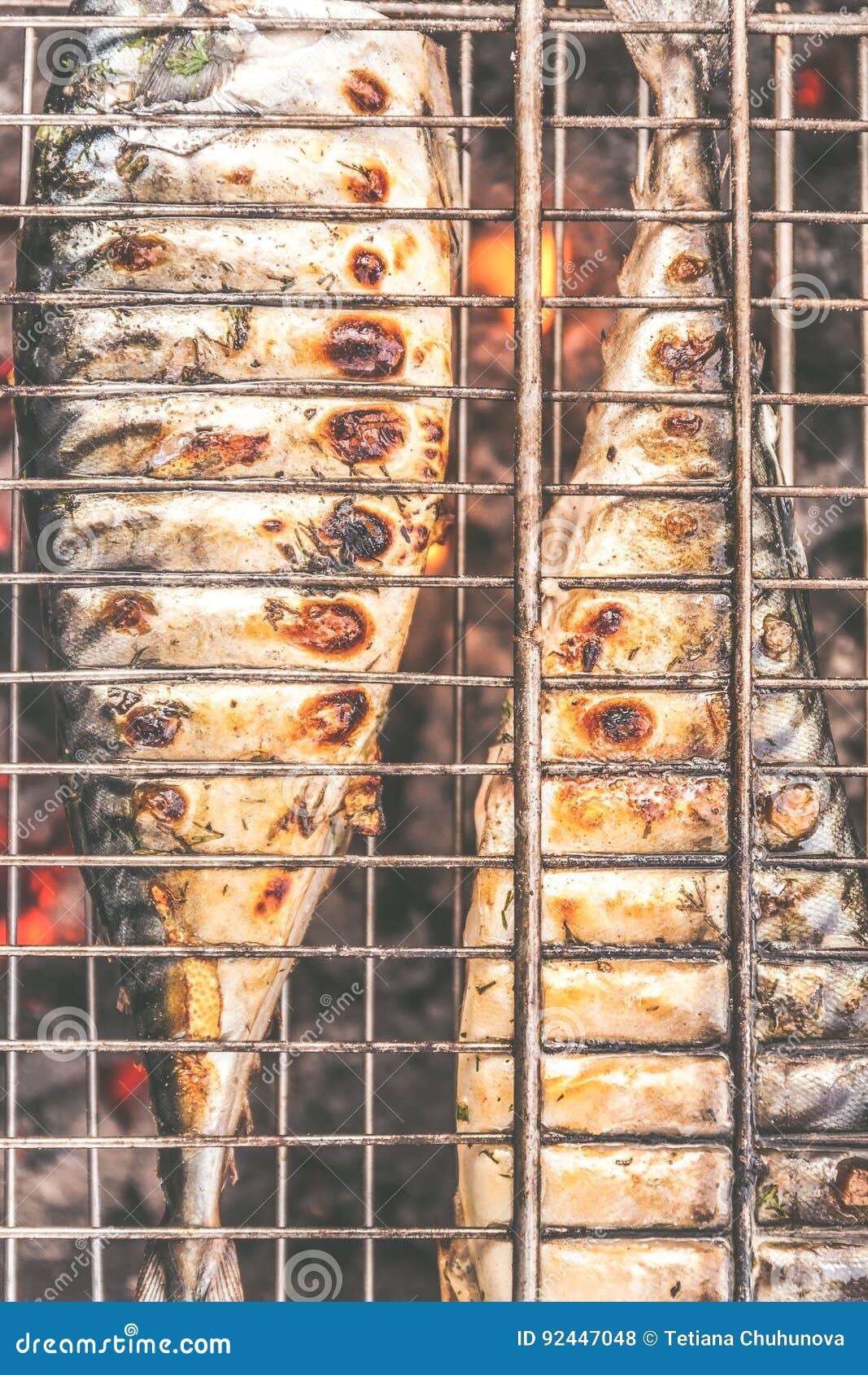 Roasted Carcass Fish Mackerel Cooked on the Grill, Top View, Closeup Stock Photo Image of