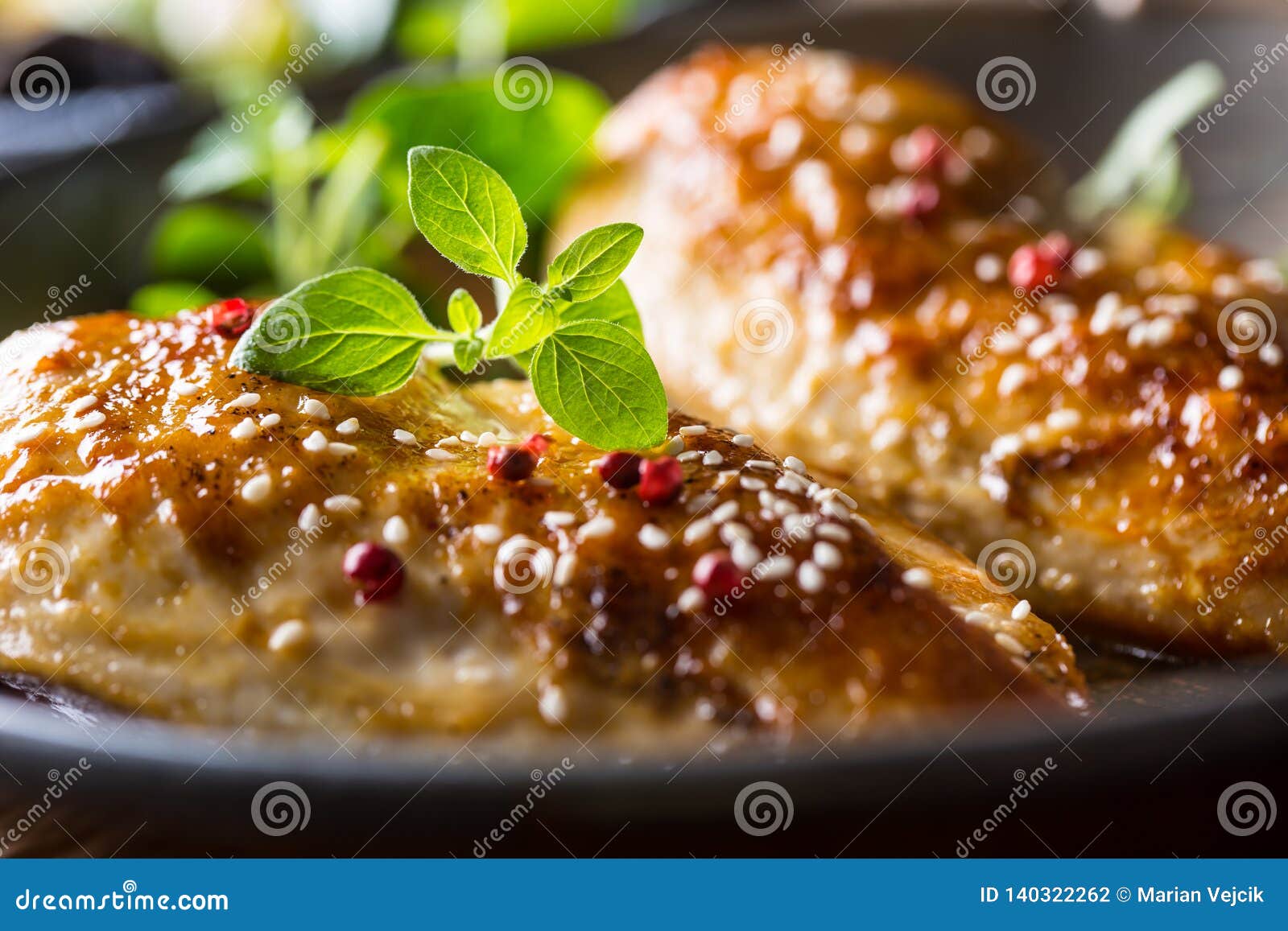 Roasted Chicken Breast Sesame Oregano and Pepper in Pan Stock Photo