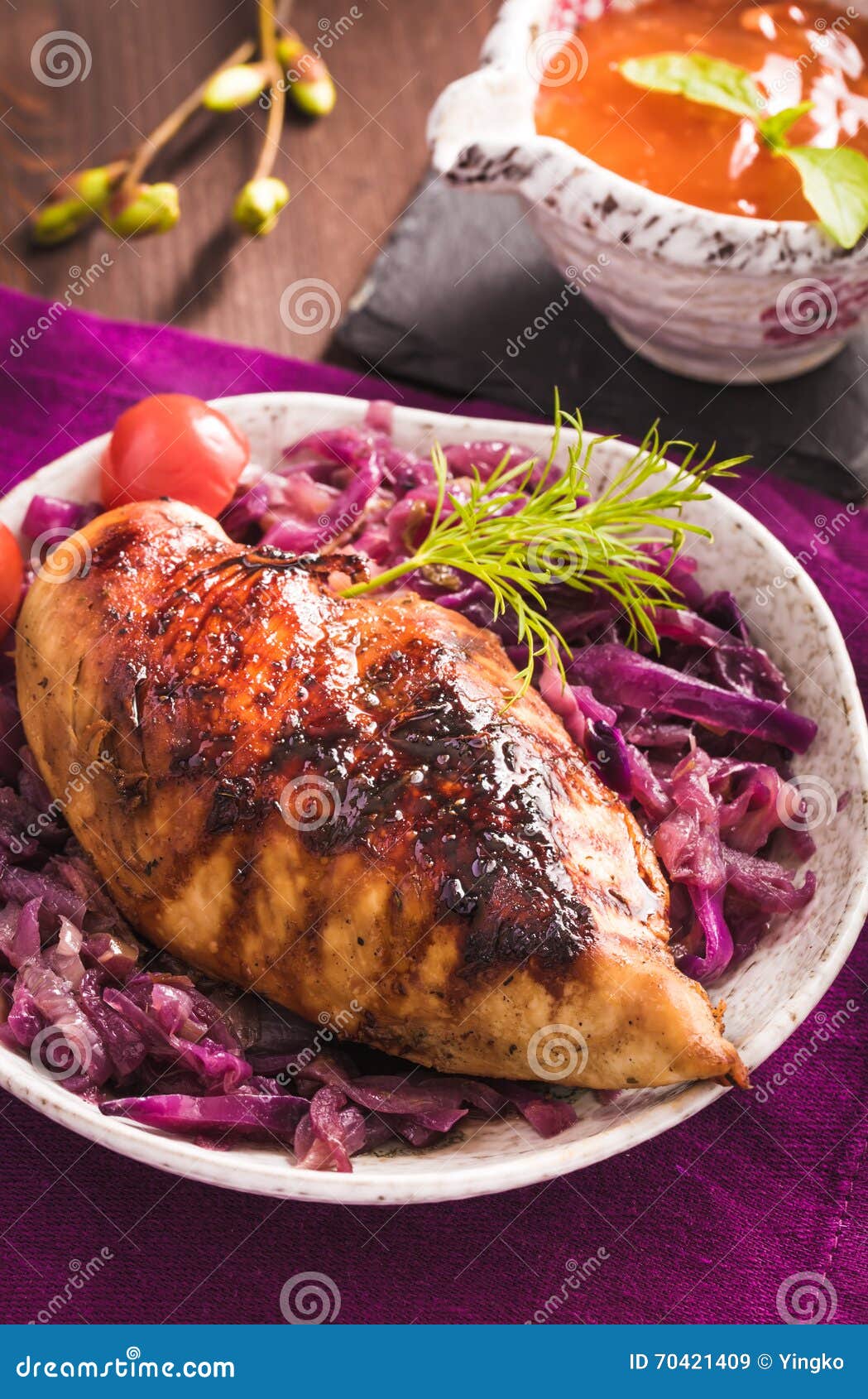 Roasted Chicken Breast with Stewed Red Cabbage Stock Image Image of