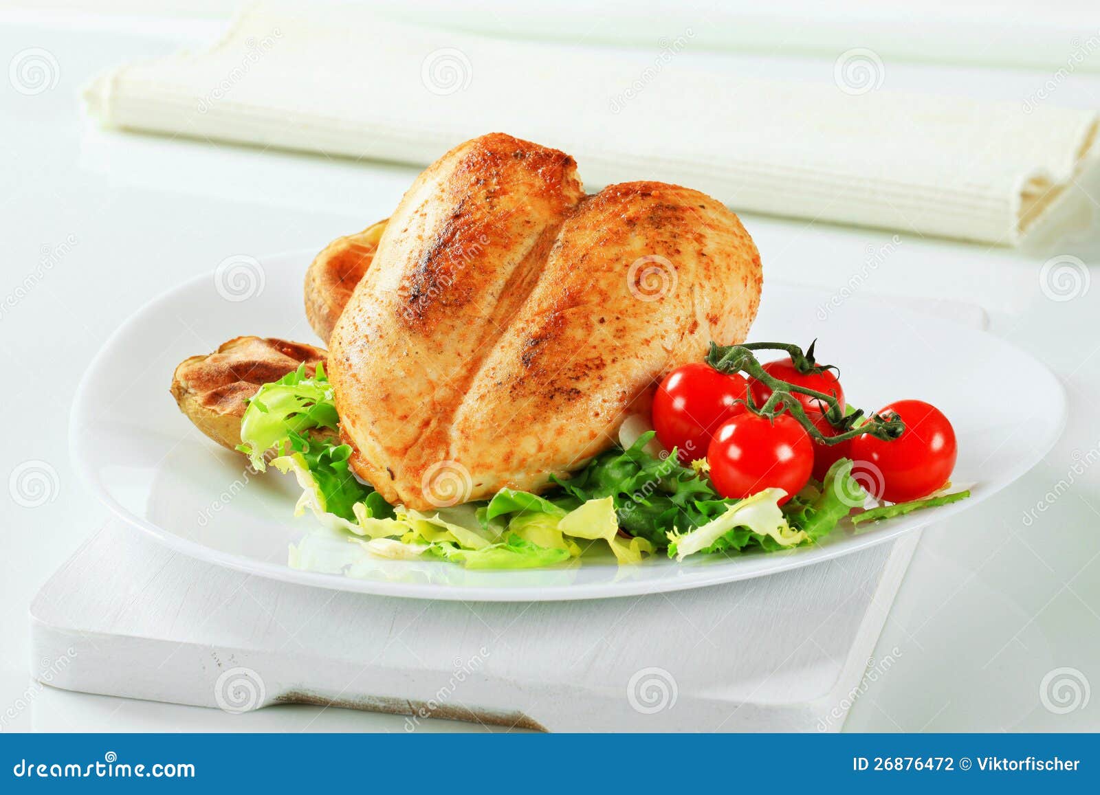 Roasted Chicken Breasts with Potatoes and Salad Stock Photo Image of